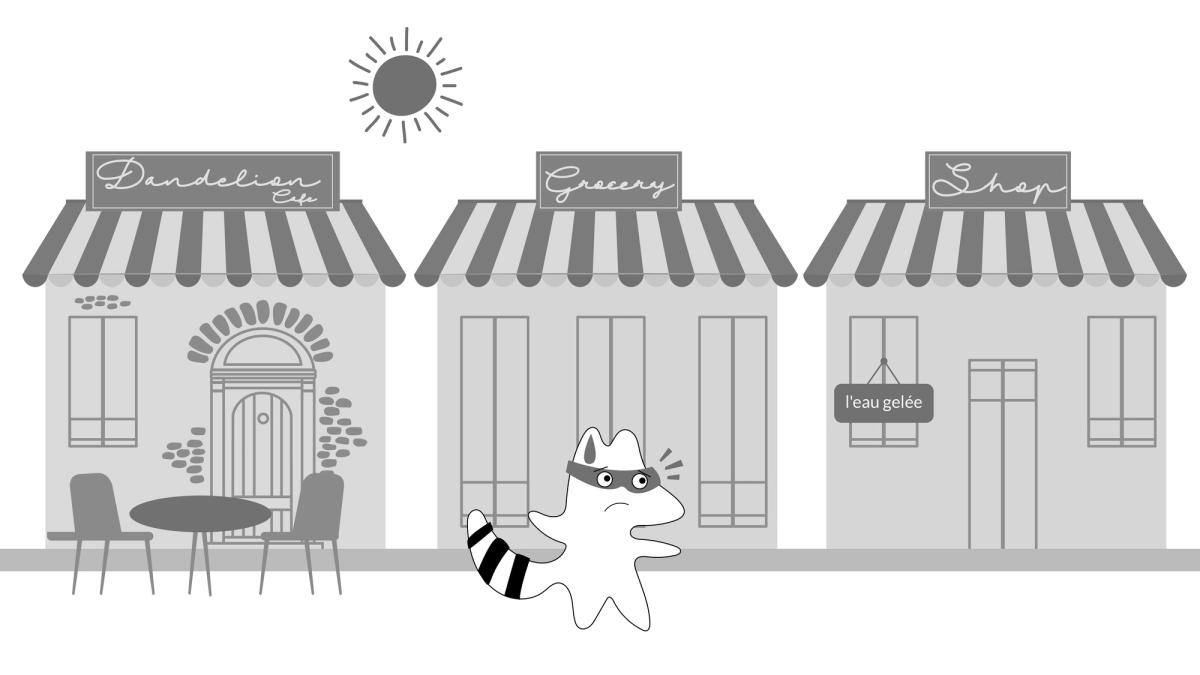 Iggy walks under the scorching sun, looking exhausted and hot. She walks by the store with the “l'eau gelée” sign on one of its windows.