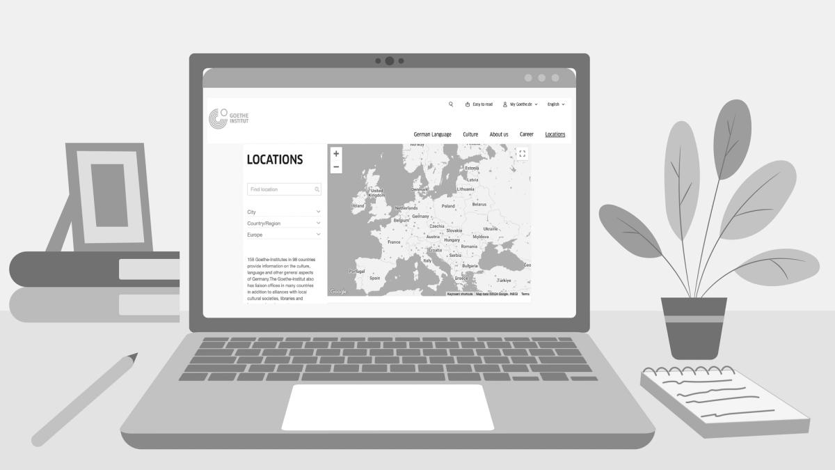 Soren looks at the map of Goethe-Institut’s locations, choosing the nearest examination center.