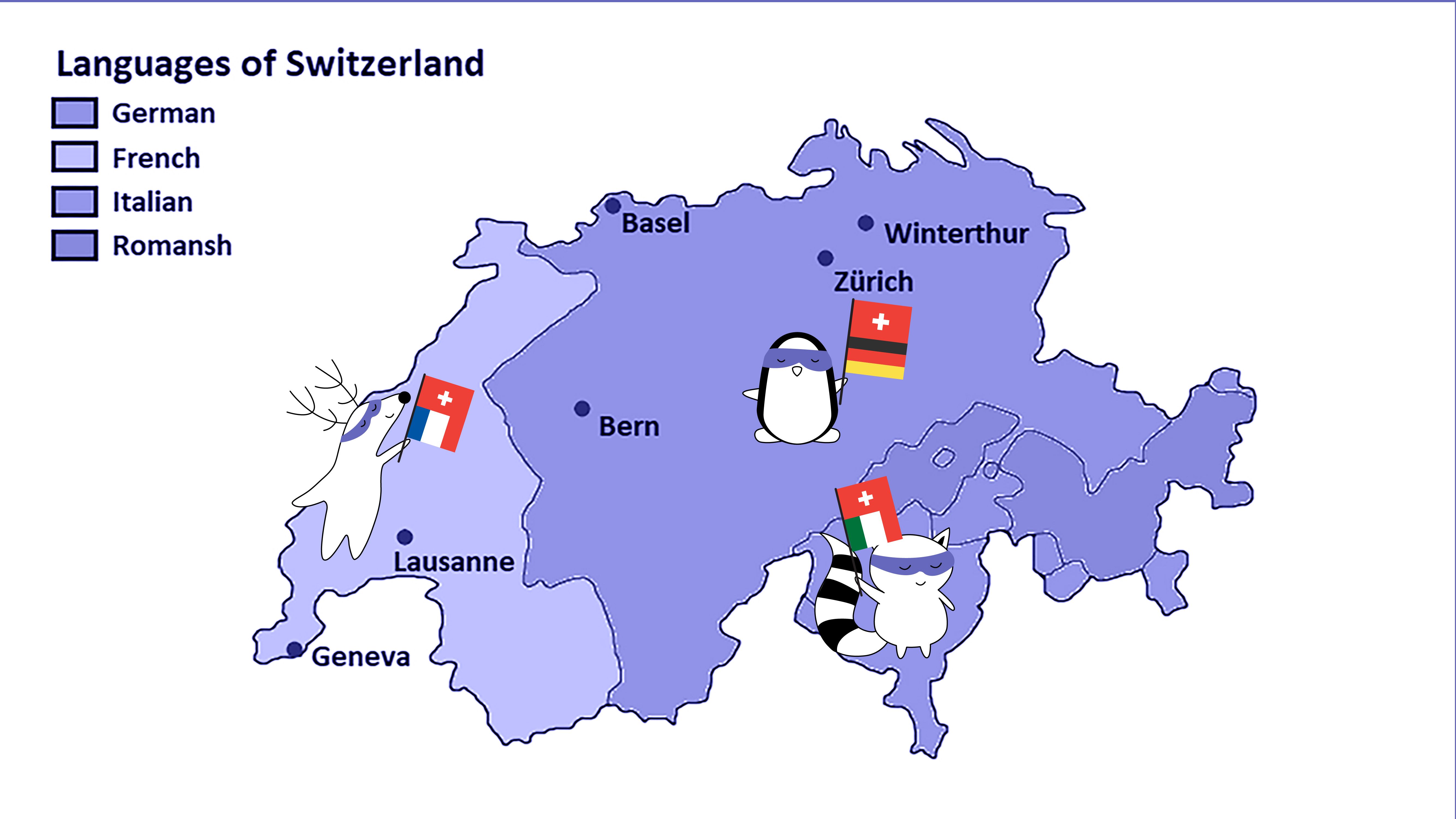 On the same map, there is also Benji now, next to the Ticino region, holding a flag that is a mix of Italian and Swiss flags.