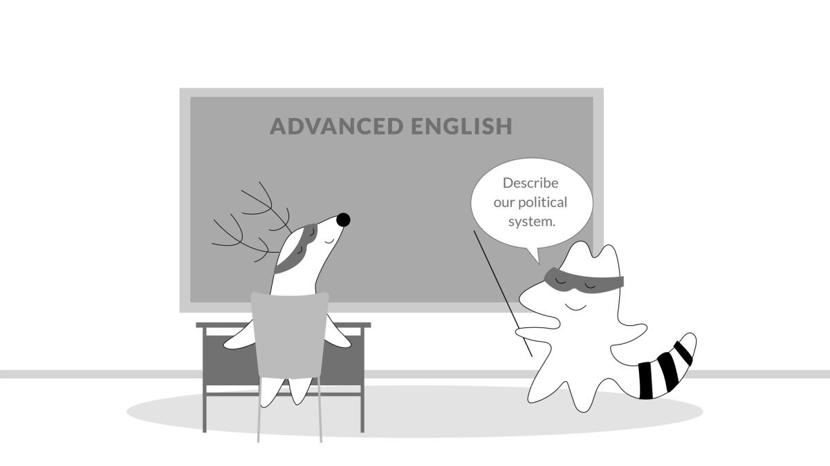 At the classroom, Iggy as a teacher and Soren (the student) are in a test. Iggy asks him "Describe our political system"