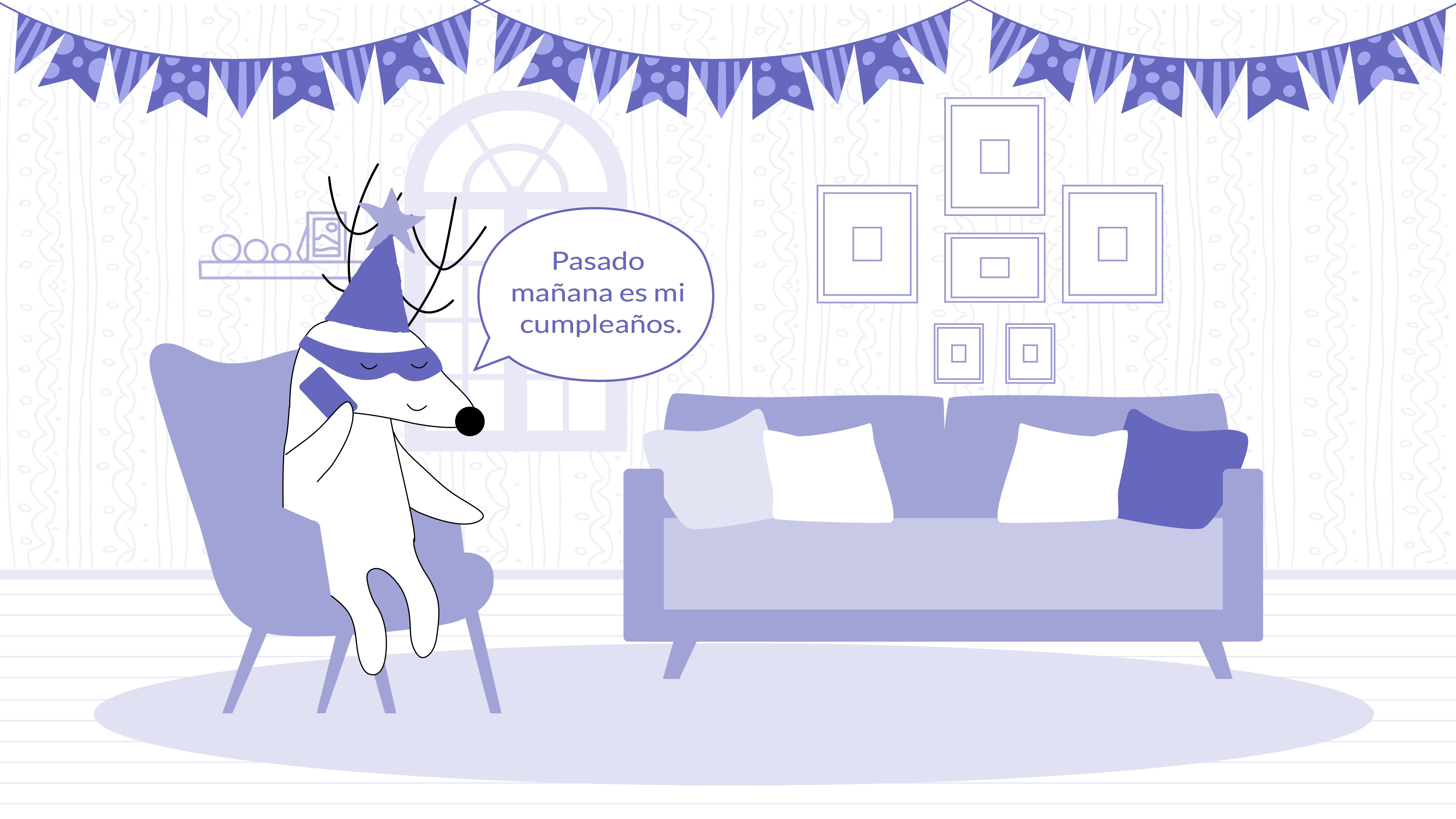 Soren is wearing a birthday hat, speaking with Iggy on the phone, telling her, “Pasado mañana es mi cumpleaños”.