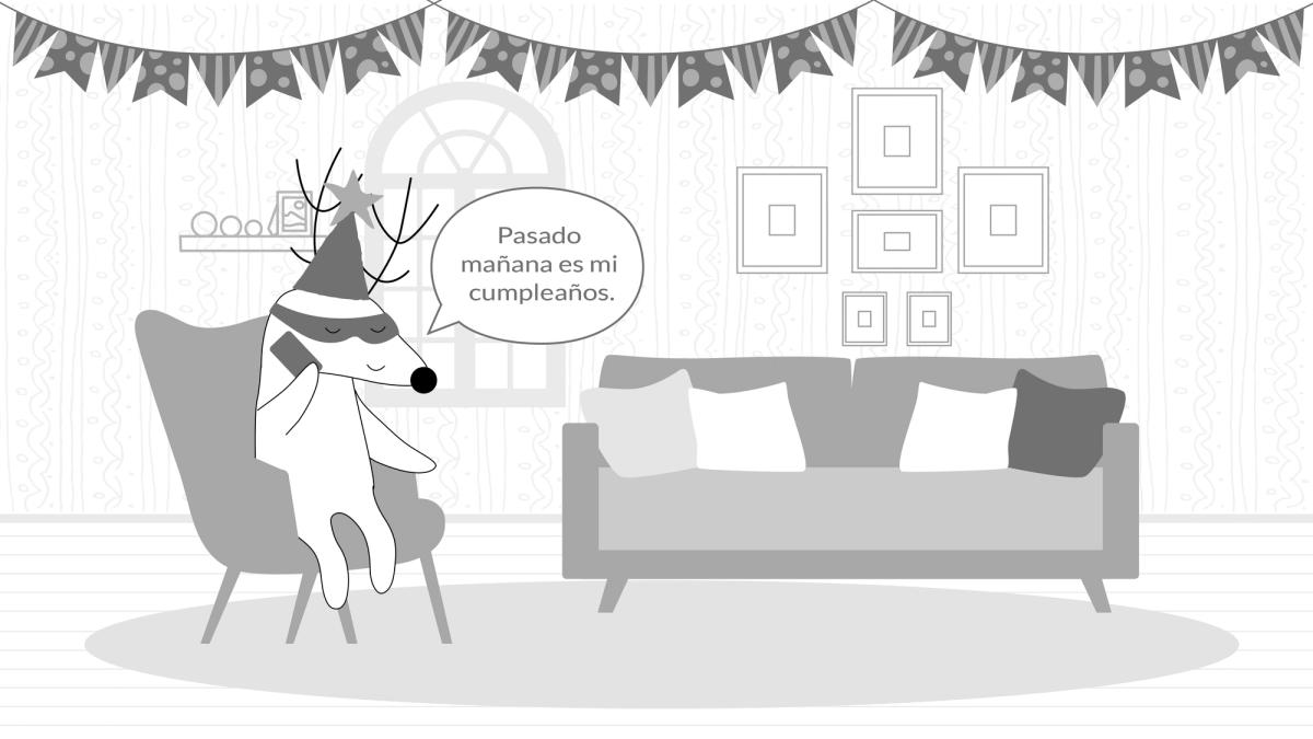 Soren is wearing a birthday hat, speaking with Iggy on the phone, telling her, “Pasado mañana es mi cumpleaños”.