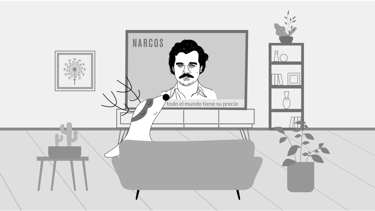 Soren watches Narcos at home, with Spanish subtitles on.