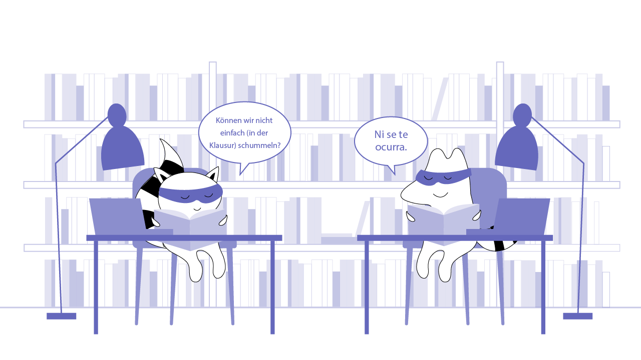 Pocky and Iggy study in the library. Pocky ask, “Can’t we just cheat on this exam?” and Iggy replies, “Ni se te ocurra.”