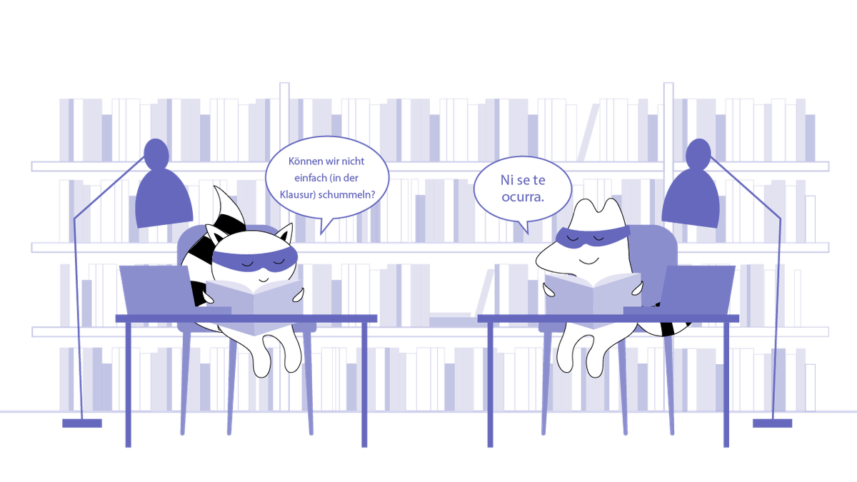 Pocky and Iggy study in the library. Pocky ask, “Can’t we just cheat on this exam?” and Iggy replies, “Ni se te ocurra.”