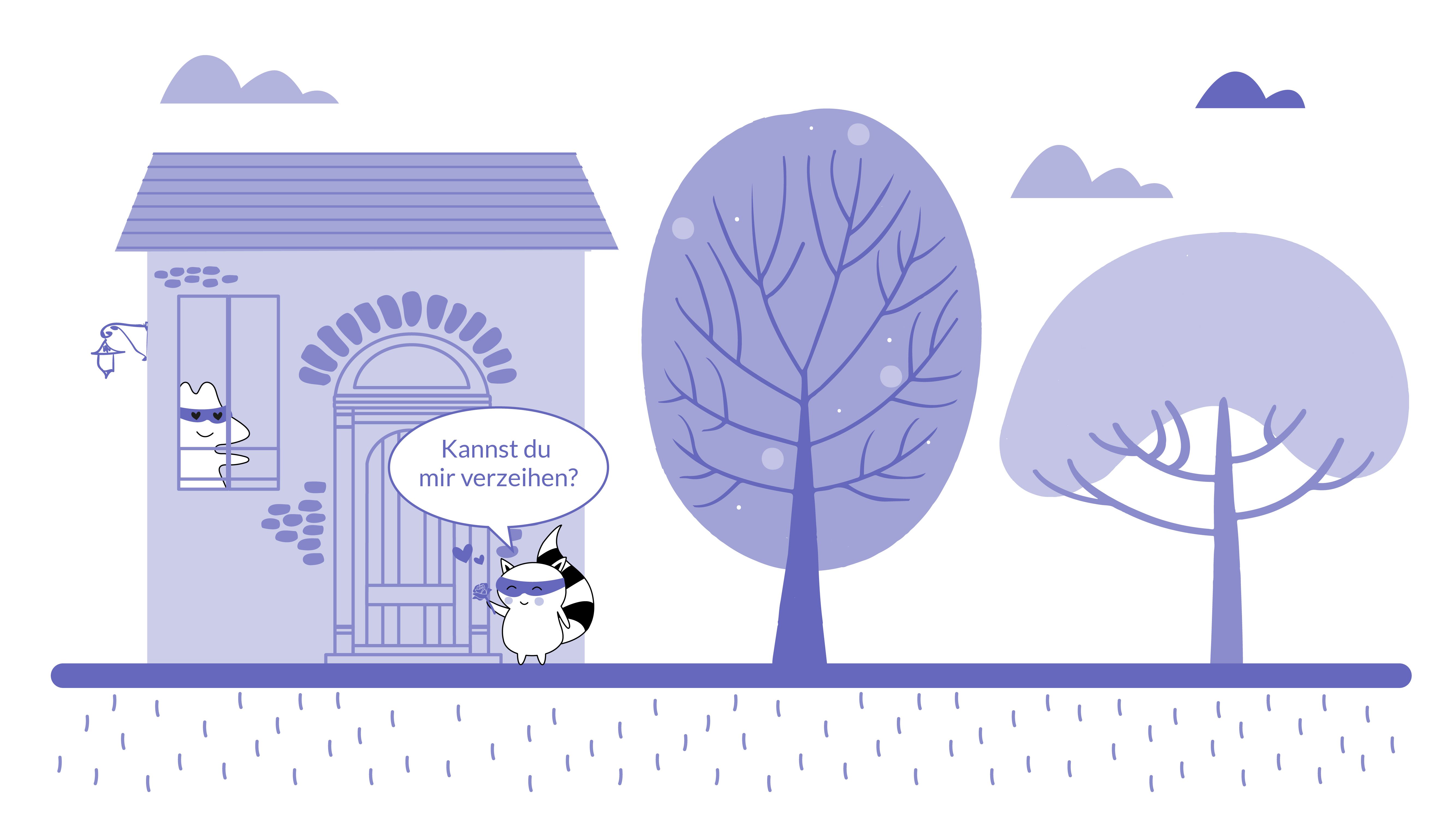 Benji’s at the Iggy’s front door, holding a bouquet of flowers, says, “Kannst du mir verzeihen?”