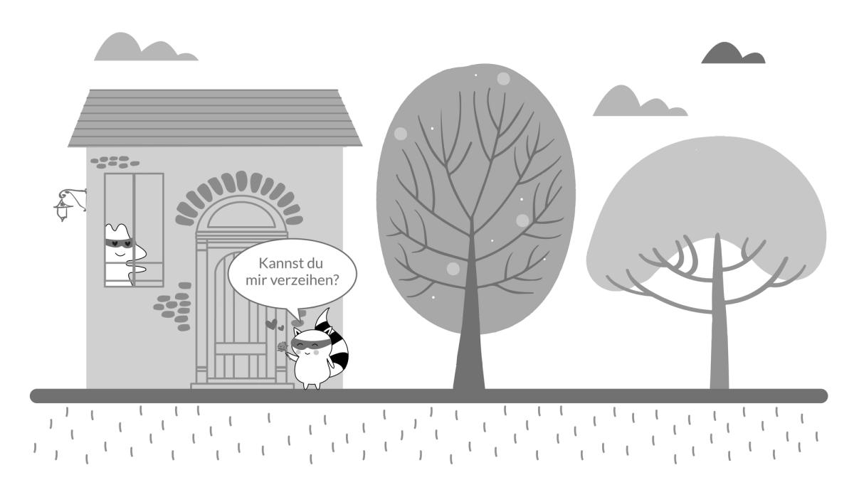 Benji’s at the Iggy’s front door, holding a bouquet of flowers, says, “Kannst du mir verzeihen?”