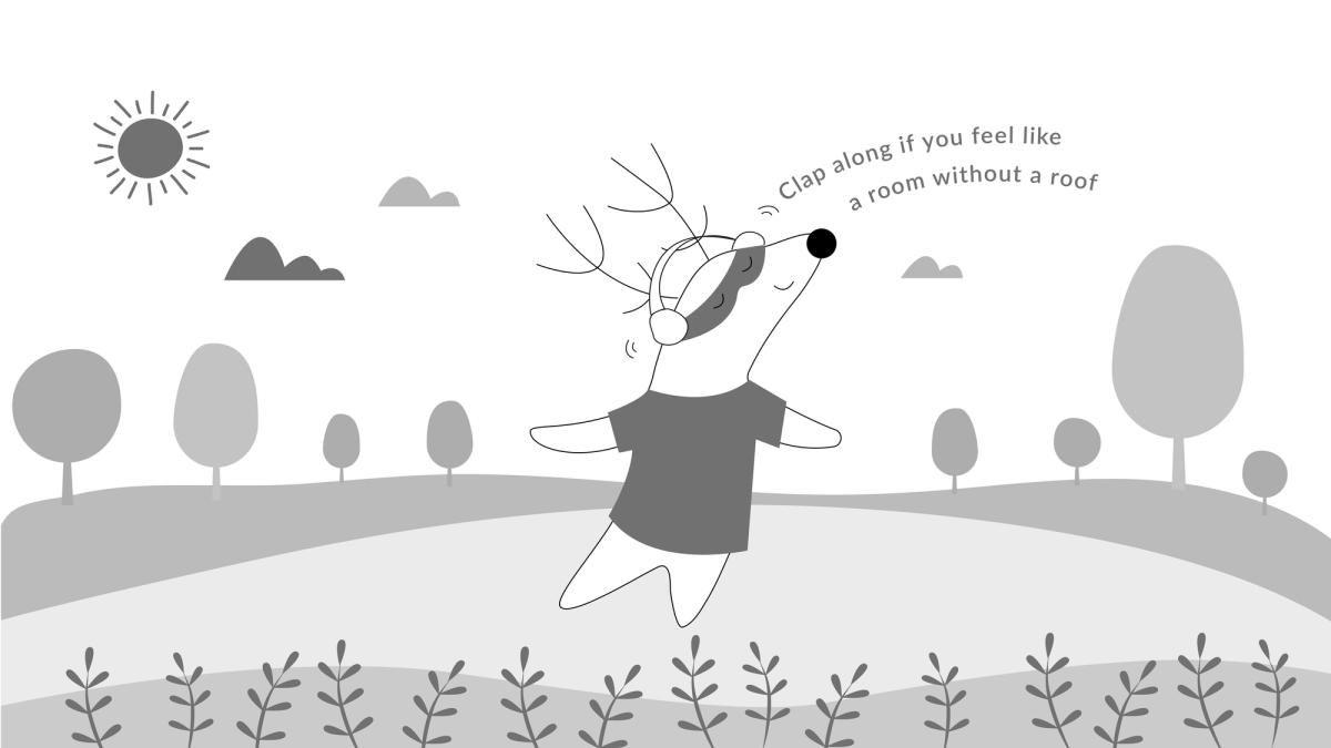 Soren listens to music and dancing while he sings “Clap along if you feel like a room without a roof”. 