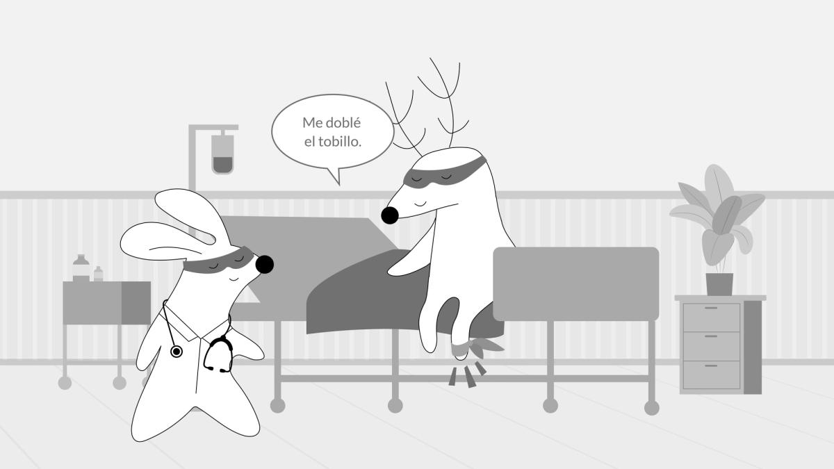 Soren is at the hospital, in pain, telling the doctor, “Me doblé el tobillo,” while talking about his ankle.