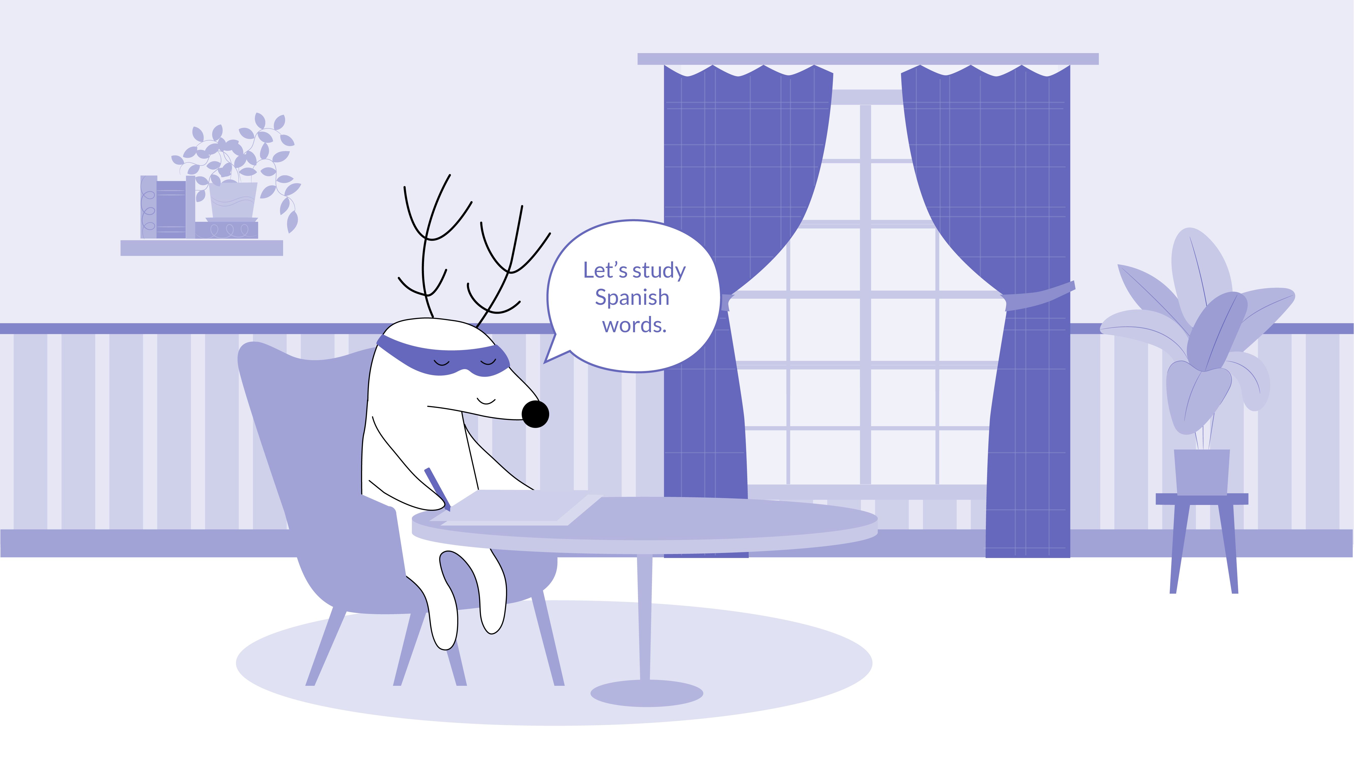 Soren is sitting down at his desk and practicing Spanish words in his notebook.