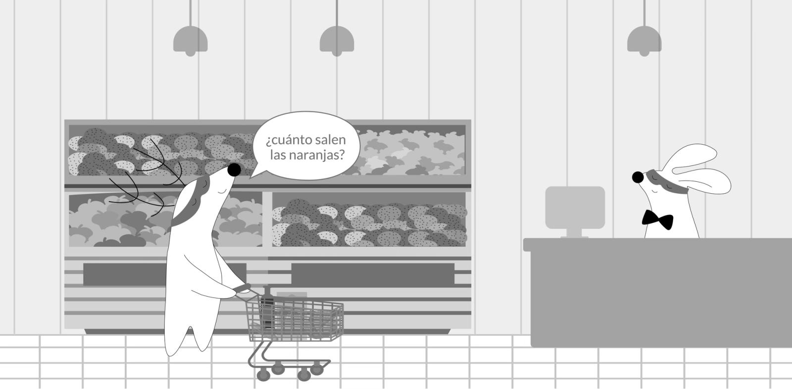 Soren at the grocery store, buying oranges and asking the clerk, “¿Cuánto salen las naranjas?”