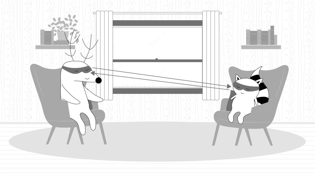 Pocky and Benji are talking to each other; there can be little arrows pointing from their eyes at each other to show that they maintain eye contact while speaking.