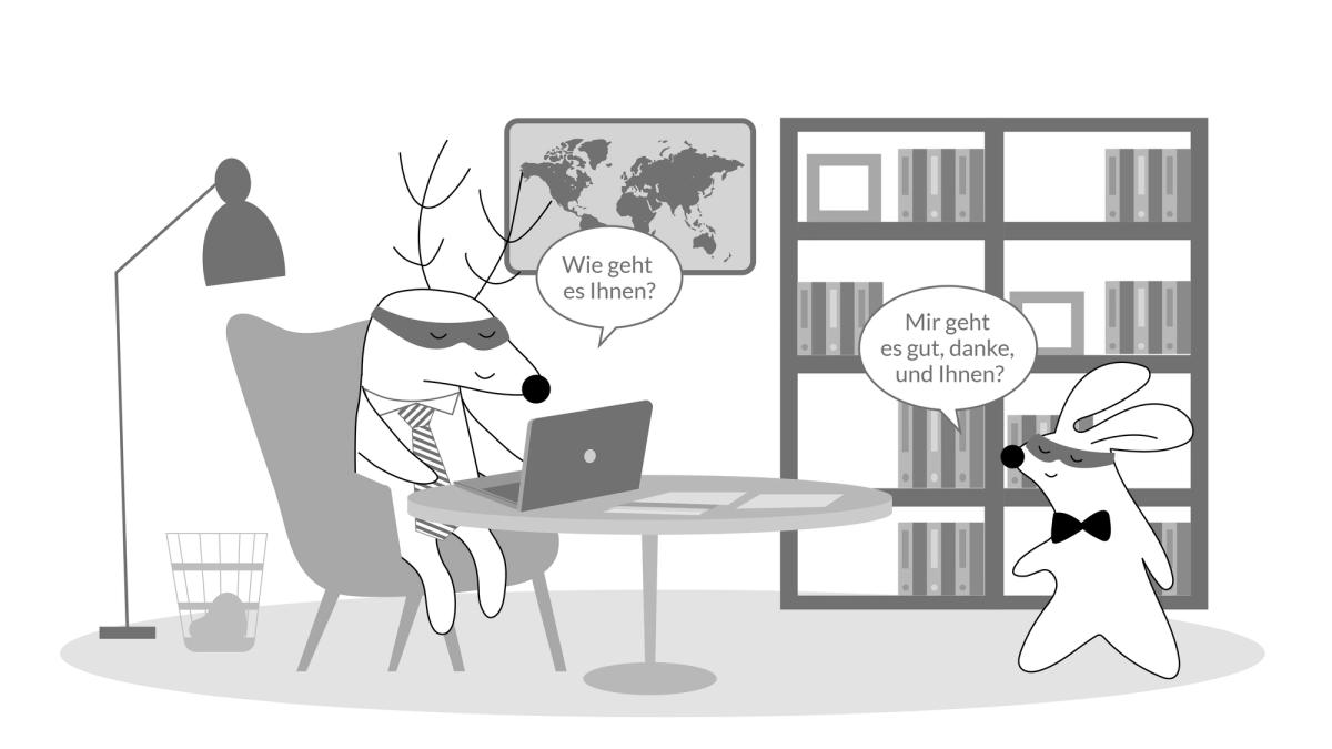 Mr Rabbit, boss in the office, asking Soren: “Wie geht es Ihnen?” Soren responds: “Mir geht es gut, danke, und Ihnen?”