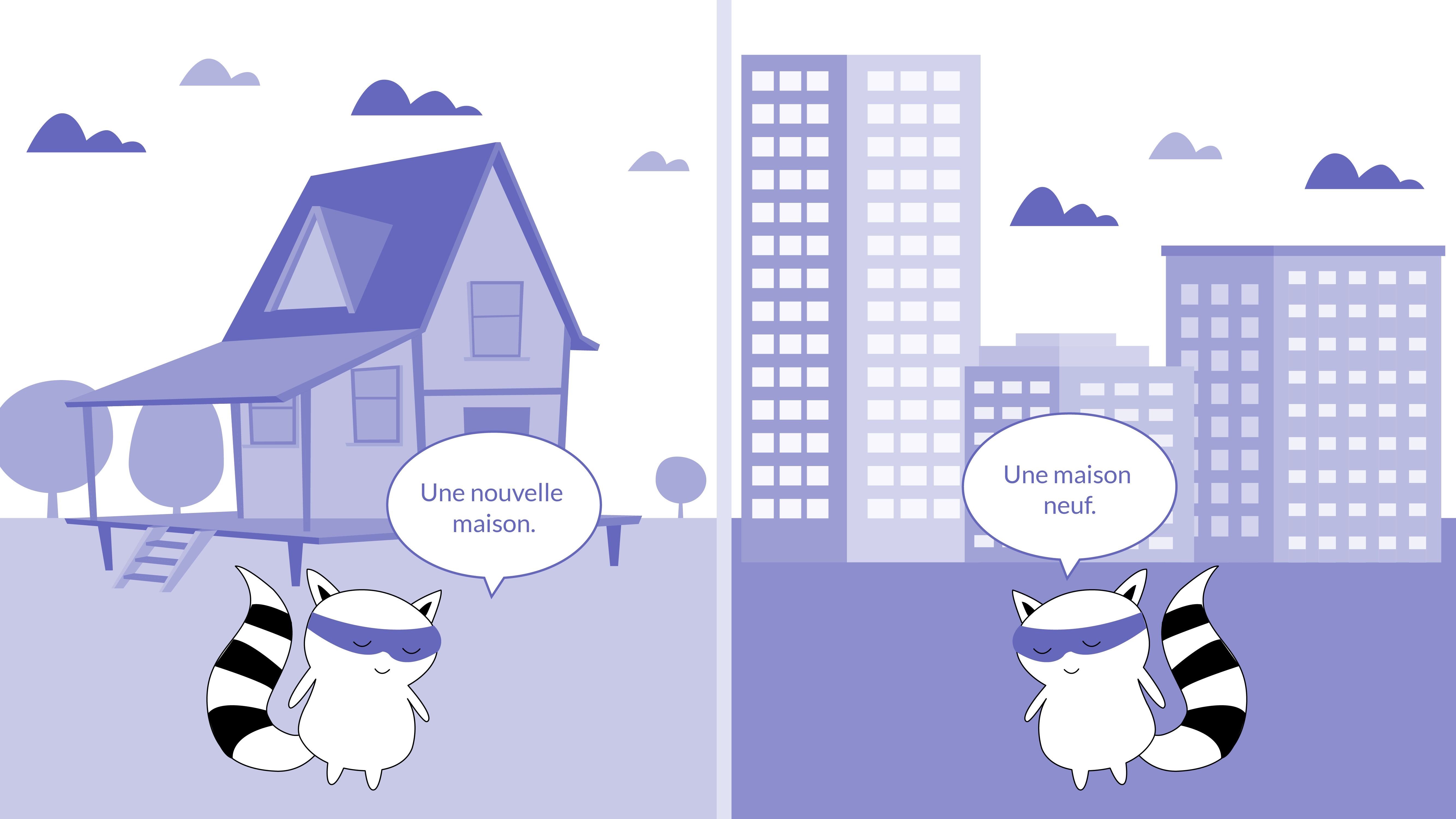 A collage of 2 pictures: 1) Benji stands in front of his new house, which is a bit old and worn out. It’s titled “une nouvelle maison.” 2) Benji stands in front of the brand new house in a modern style to show it’s been built very recently. It’s titled “une maison neuf.”