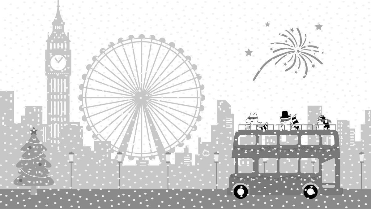 an image of London in winter, decorated for Christmas