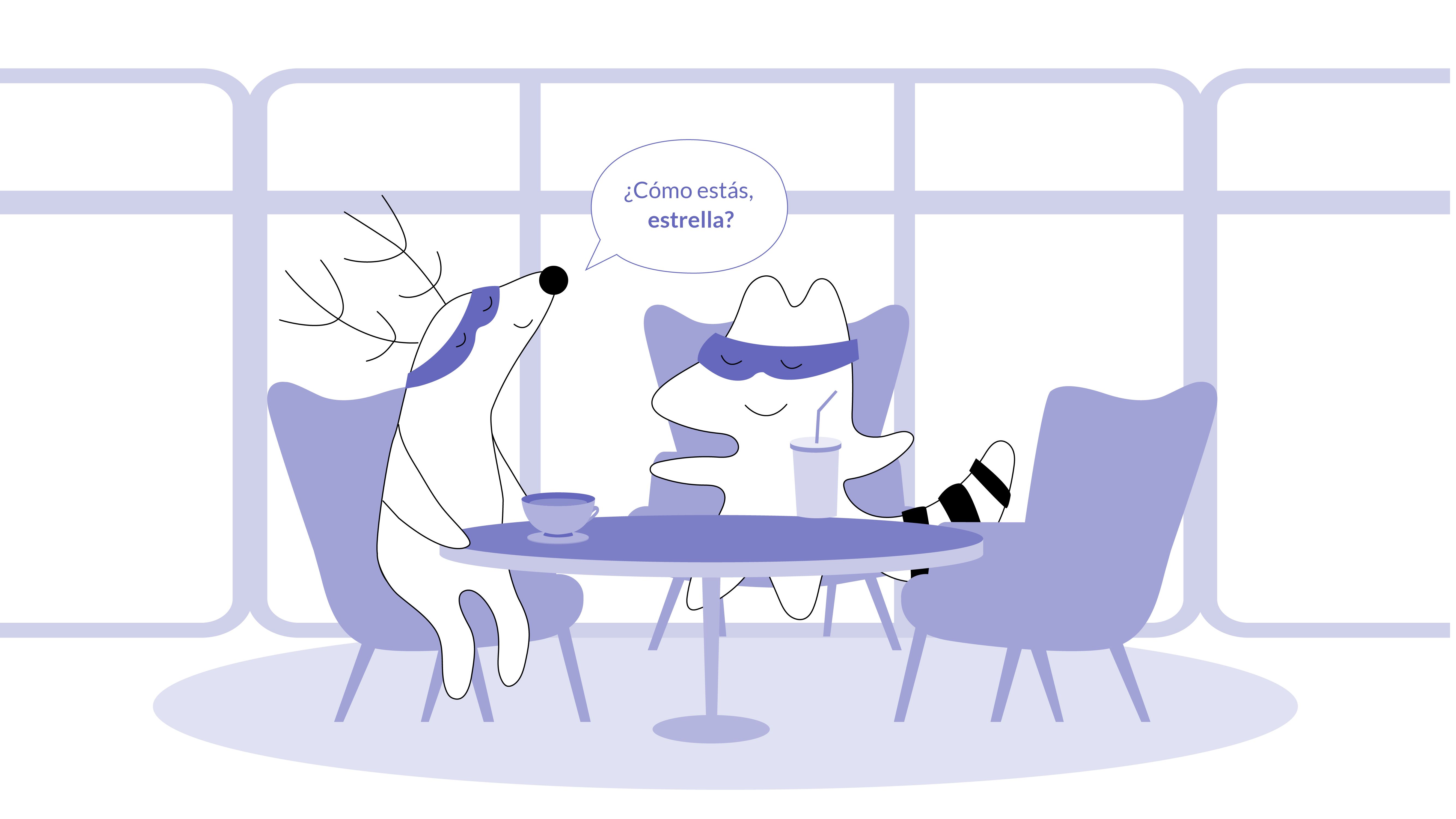 Soren and Iggy are having coffee at the coffee shop, Soren says, “¿Cómo estás, estrella?”