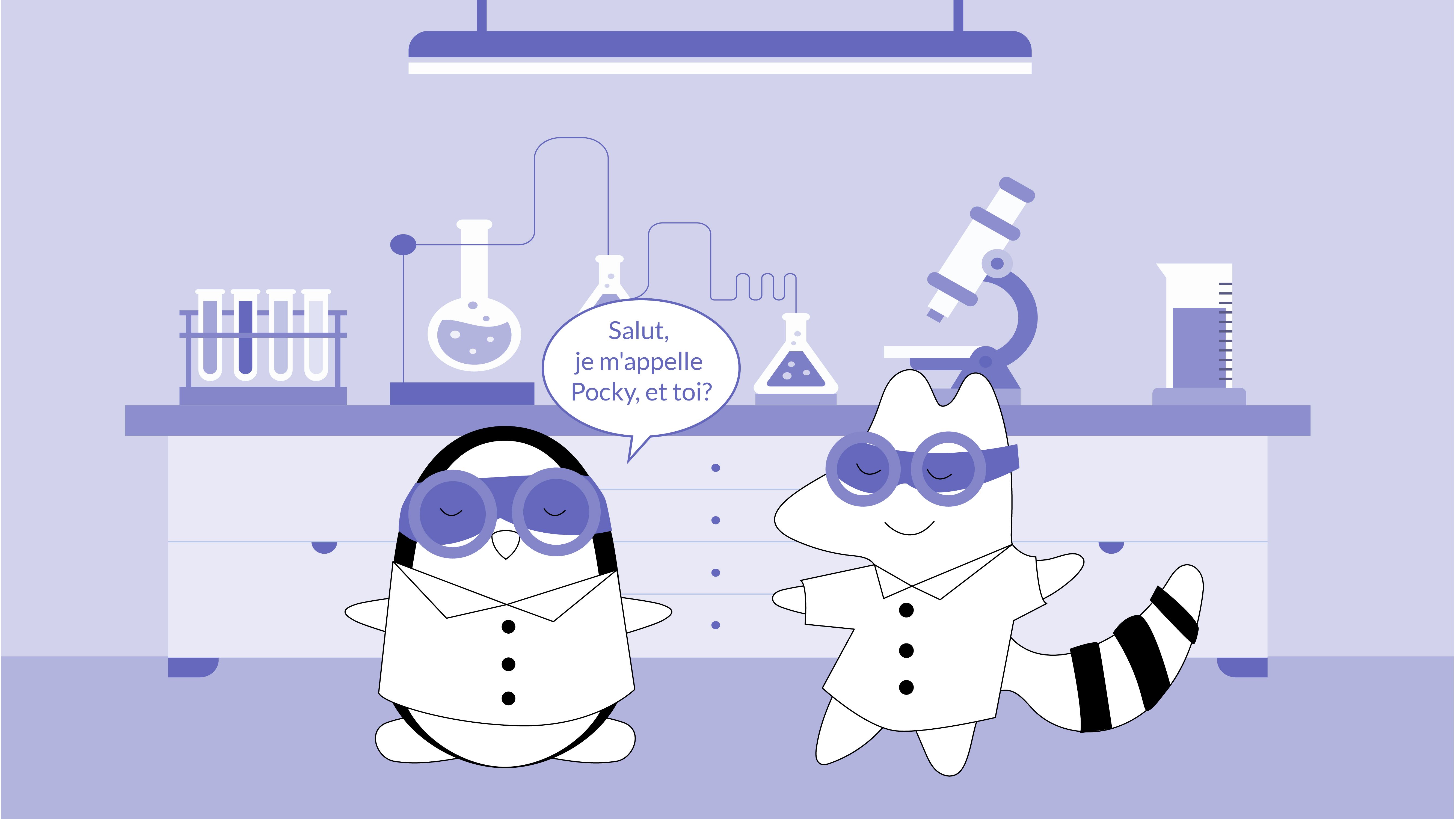 Iggy and Pocky are lab partners, wearing white lab coats and safety goggles. Pocky introduces himself, saying, “Salut, je m'appelle Pocky, et toi?”