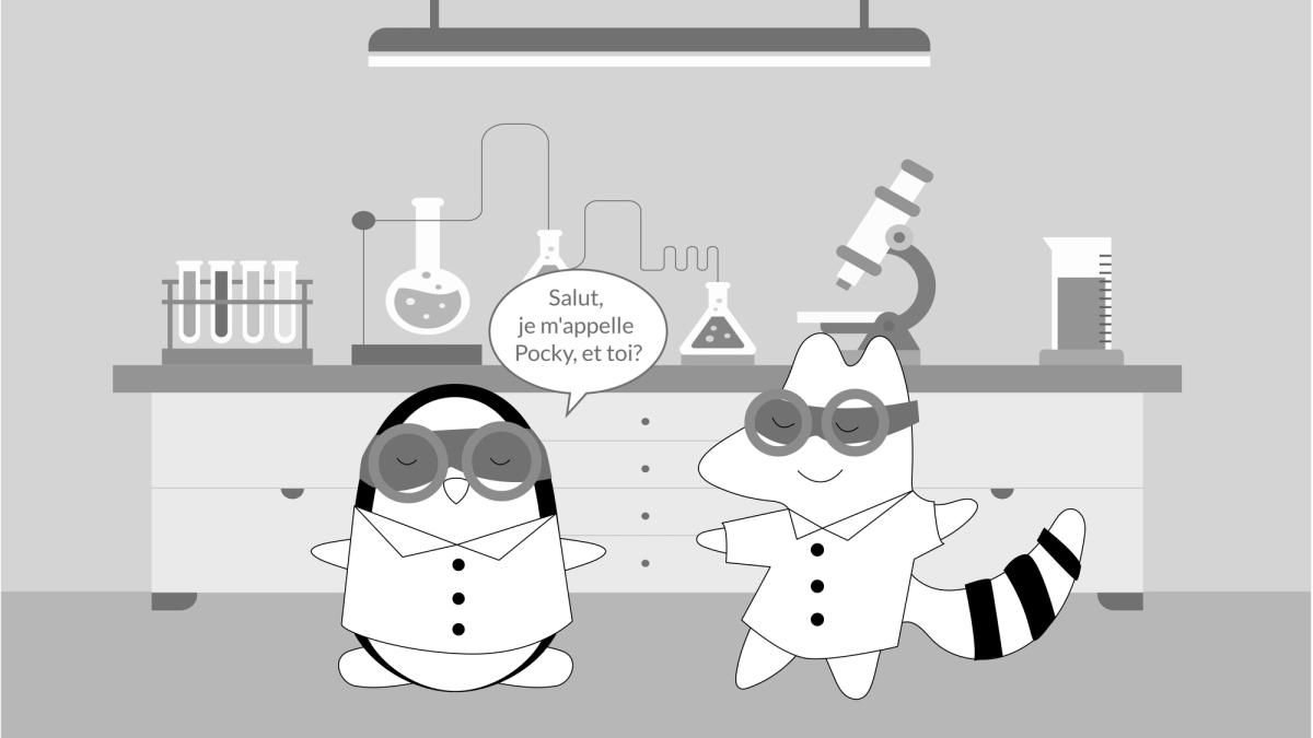 Iggy and Pocky are lab partners, wearing white lab coats and safety goggles. Pocky introduces himself, saying, “Salut, je m'appelle Pocky, et toi?”