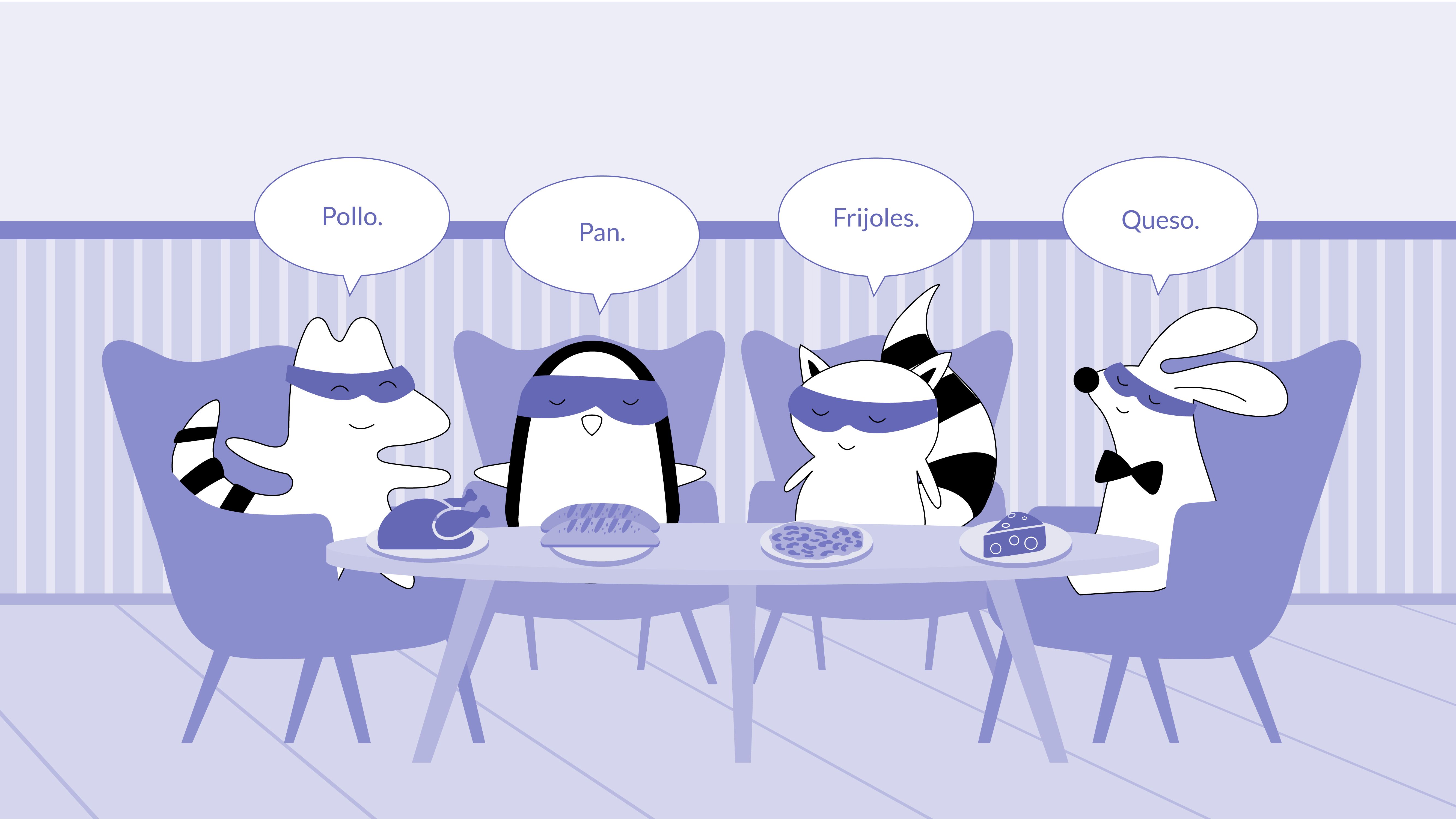 Soren, Iggy, Pocky, and Benji are sitting at the big round table, having dinner. They all name different foods in Spanish