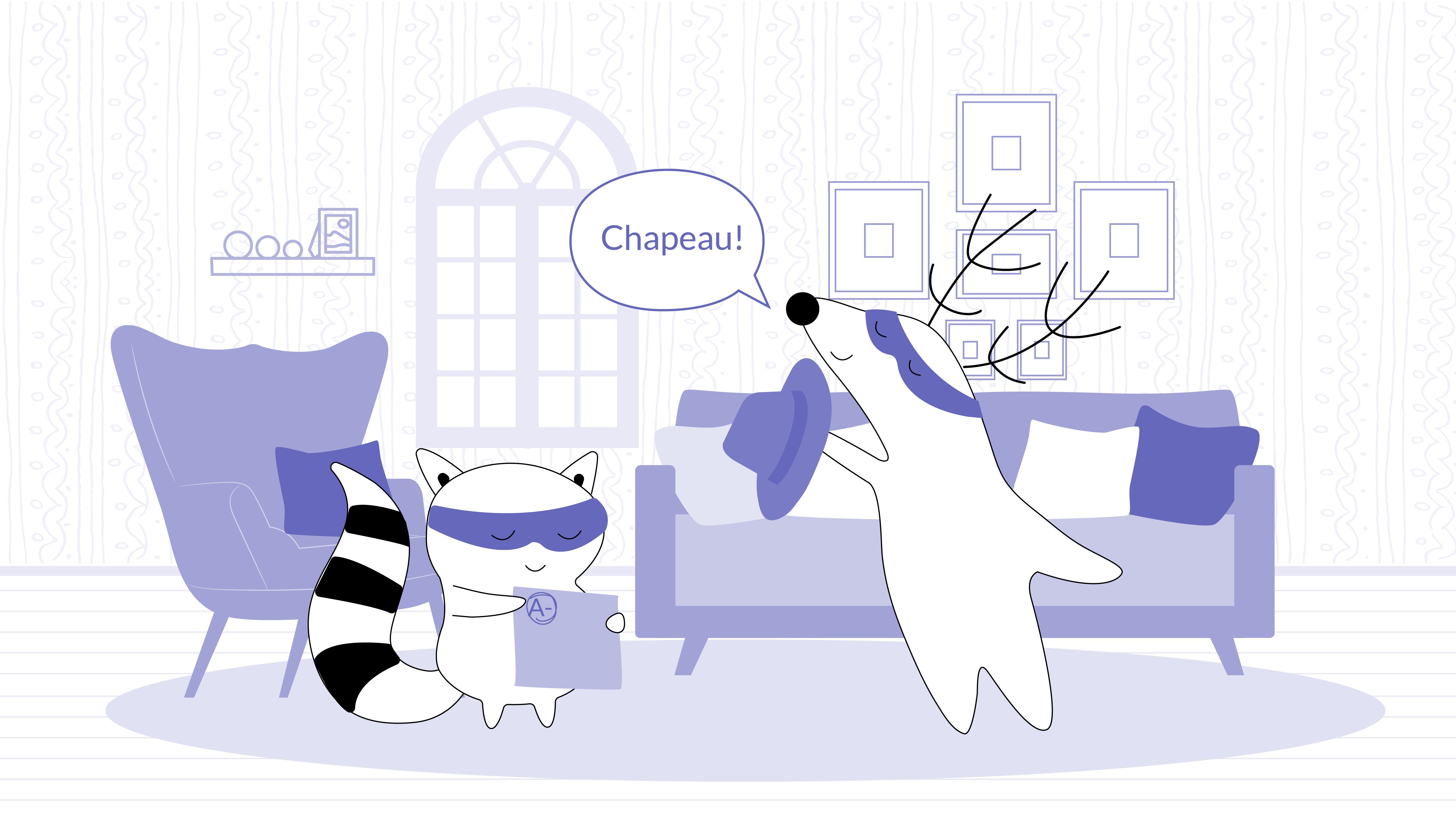 Iggy bringing down an A-graded test sheet and his farther-Soren saying “Chapeau !”, making a gesture like he’s tipping his hat