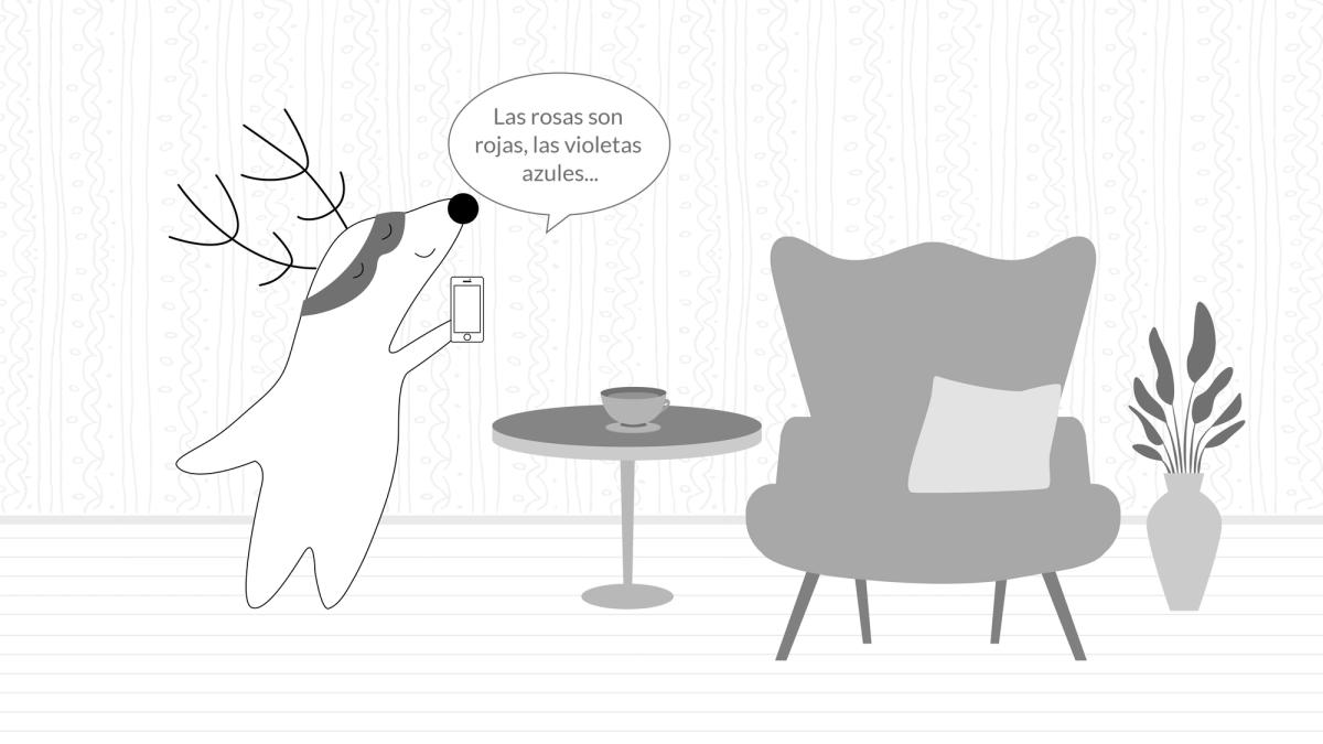Soren at home, holding his phone in his hand and saying “las rosas son rojas, las violetas azules…”