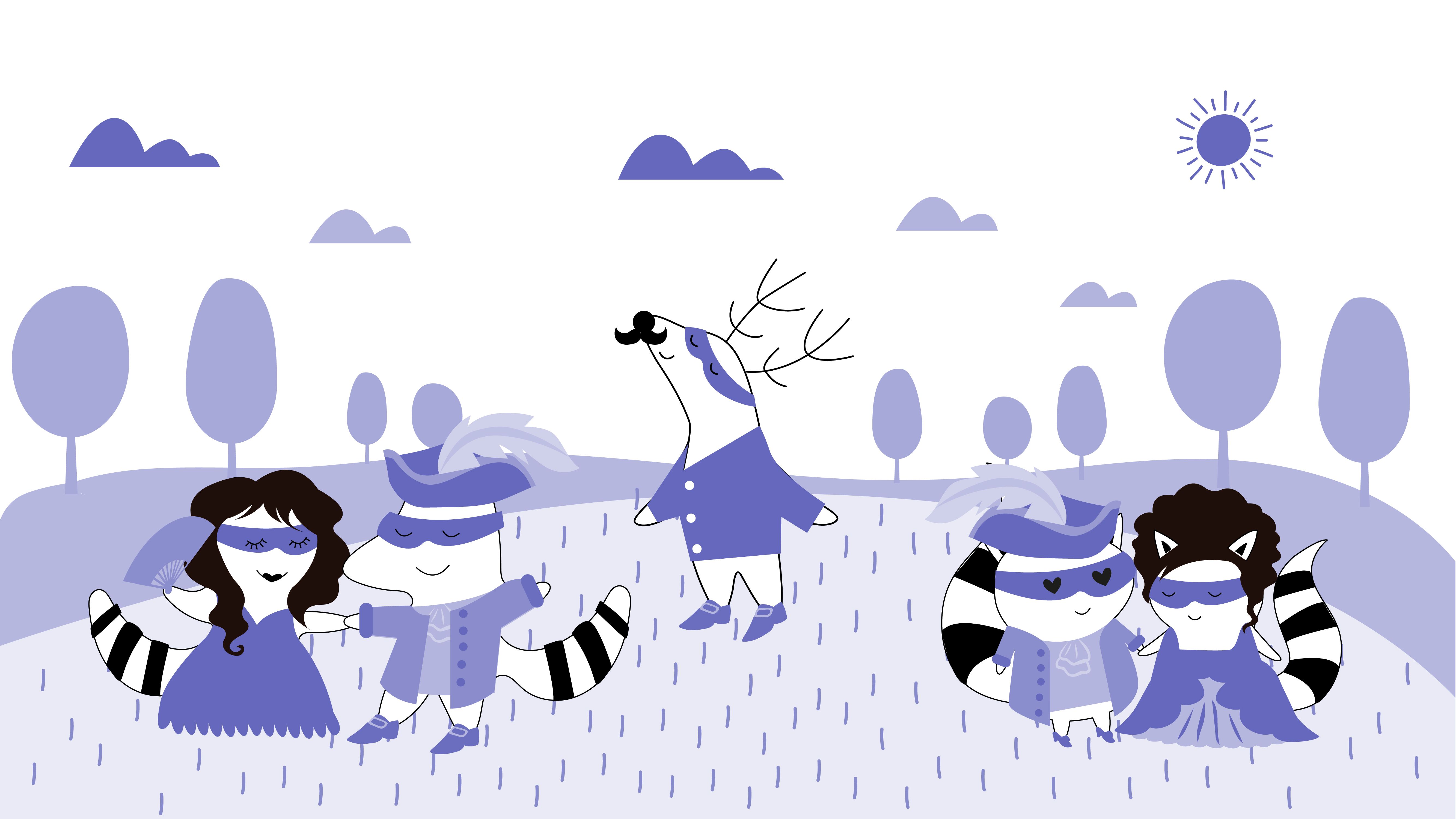 Several characters looking like historic French people (maybe 17th century) on a promenade (walk around the park) with ladies