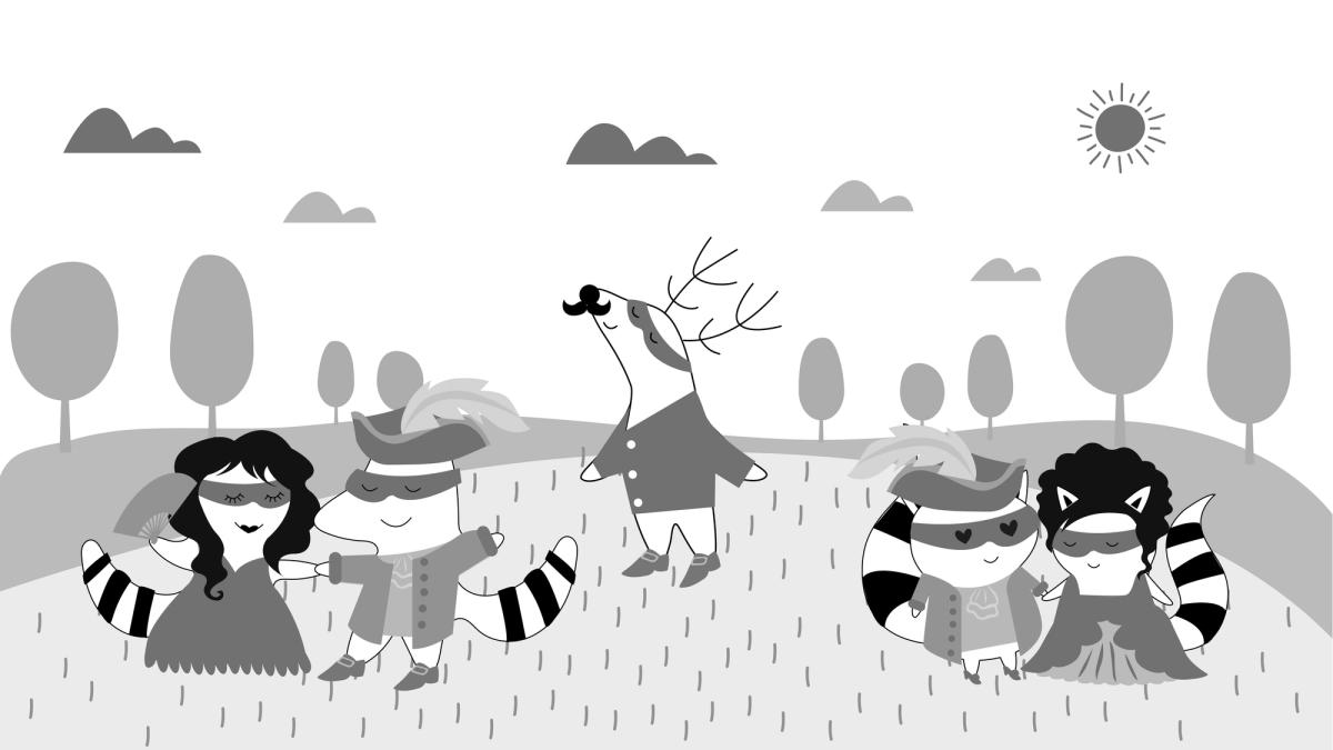 Several characters looking like historic French people (maybe 17th century) on a promenade (walk around the park) with ladies