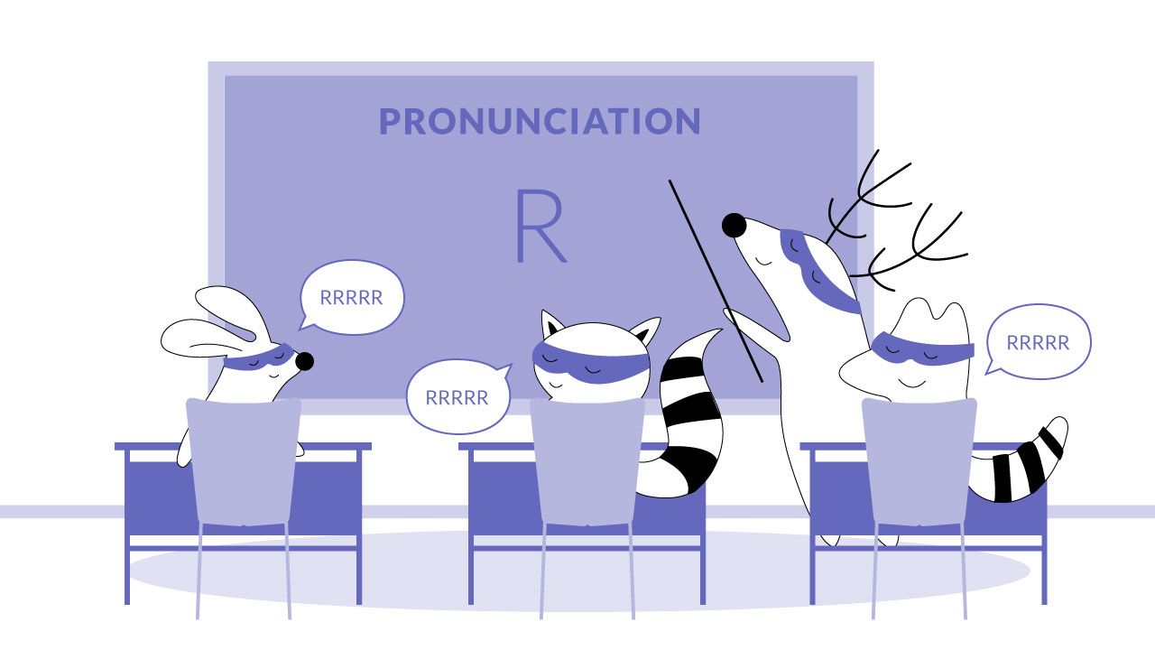 Characters learning to pronounce the French 