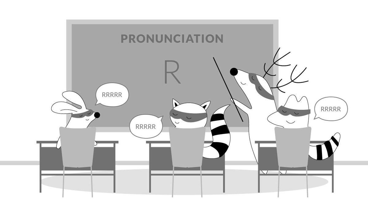Characters learning to pronounce the French "r" sound