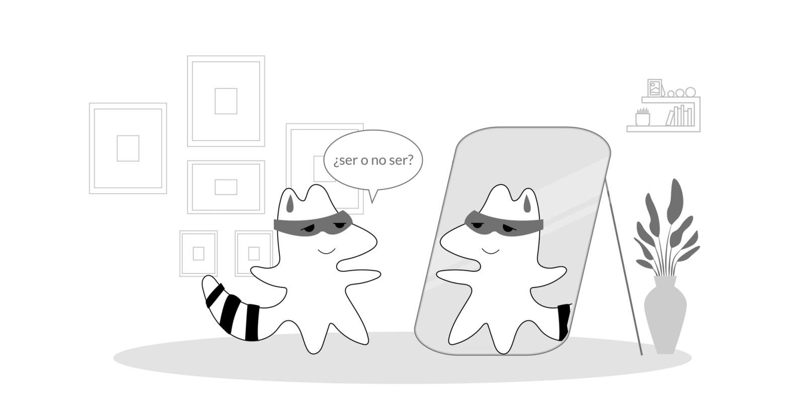Pocky watches himself in the mirror and asks, “¿Ser o no ser?”