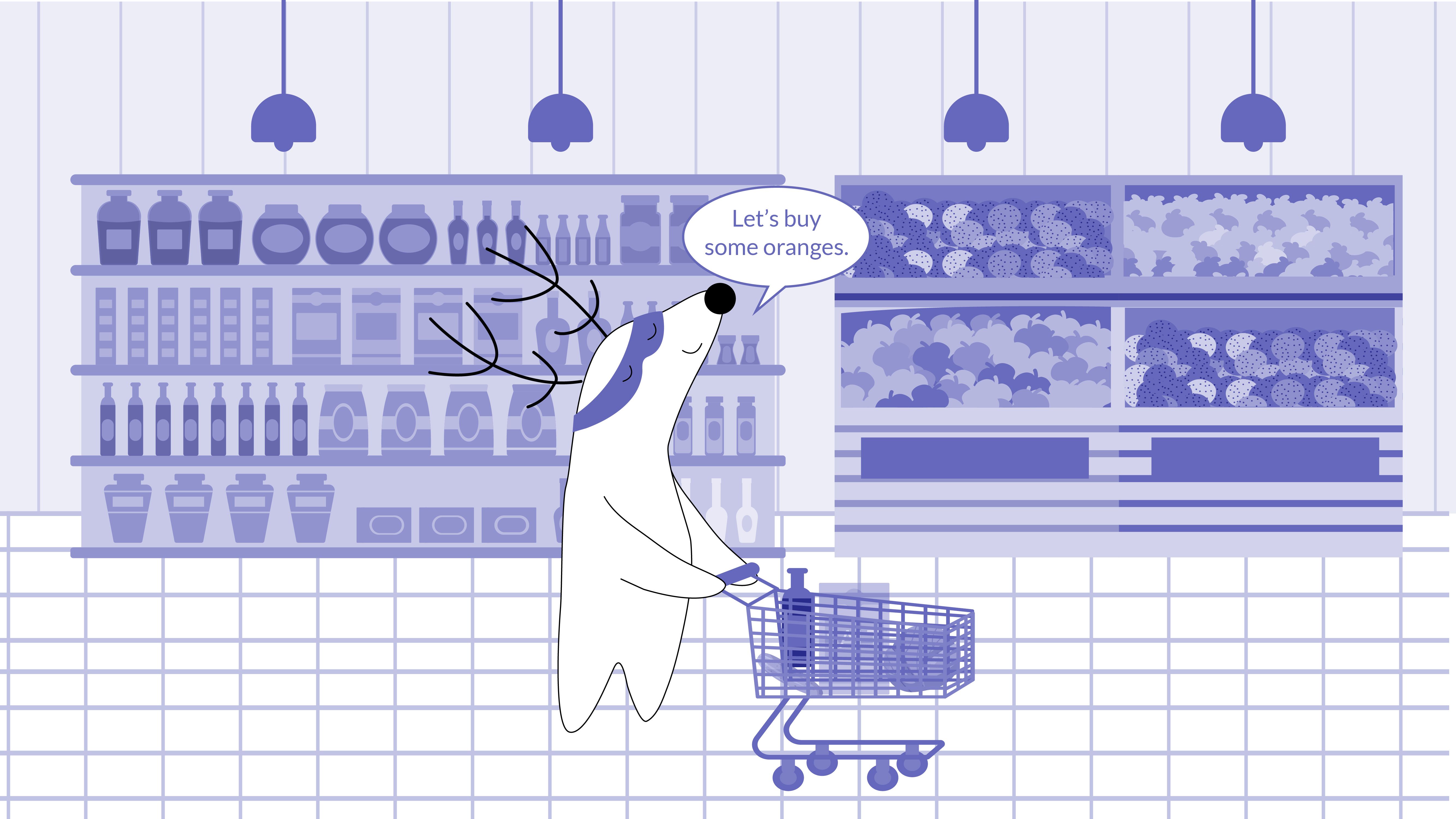 Soren at the grocery store, in the fruit section, about to buy a kilo of oranges.