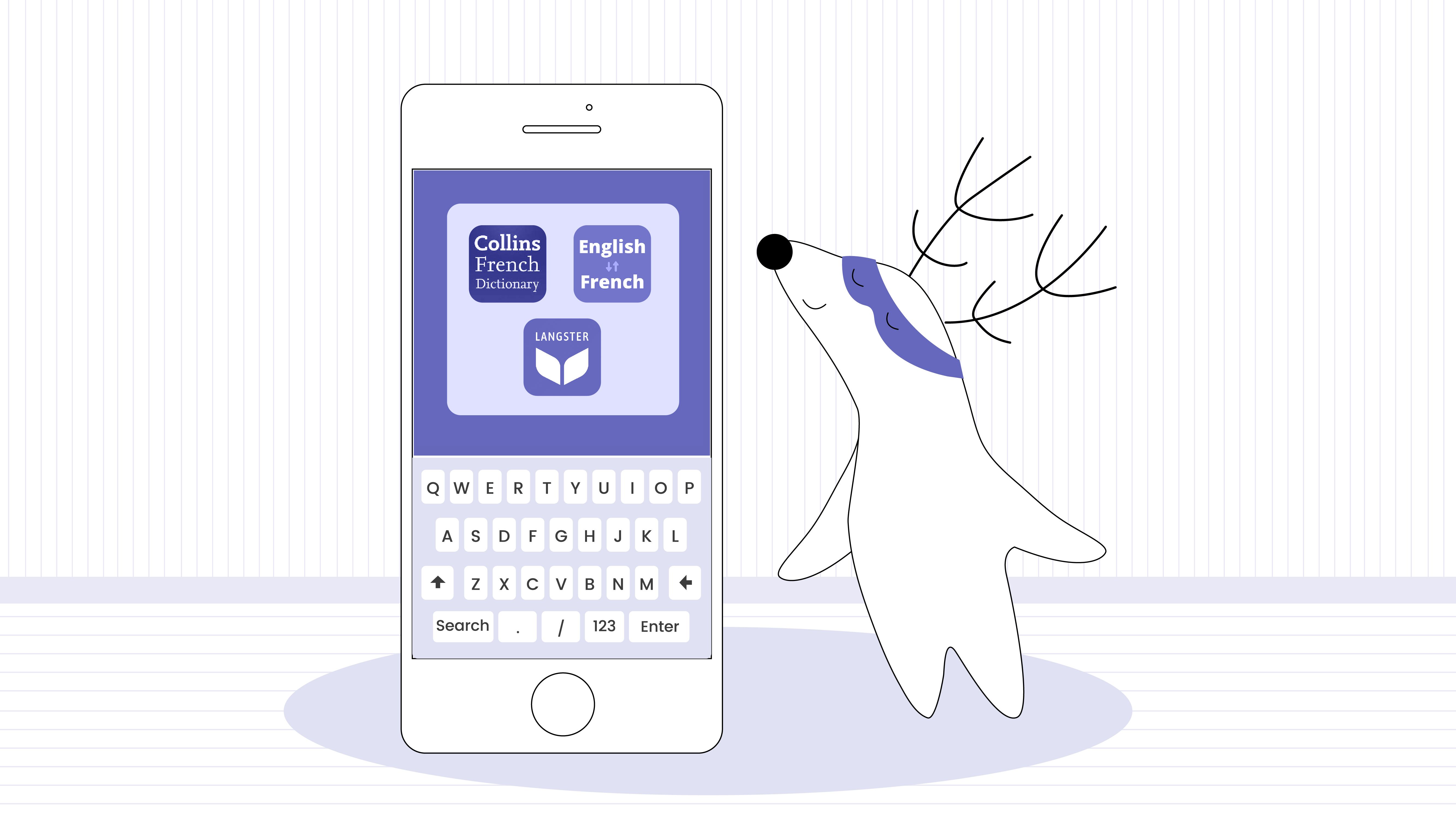 Soren opens the Language Learning folder on his smartphone, with the Online Dictionary, Translator, and Readle apps in it.