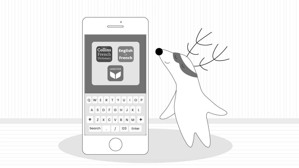 Soren opens the Language Learning folder on his smartphone, with the Online Dictionary, Translator, and Readle apps in it.
