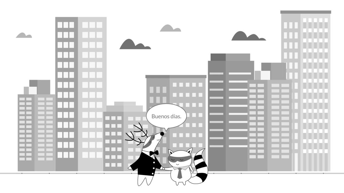 Pocky and Soren doing a handshake, Pocky saying, “Buenos días.”