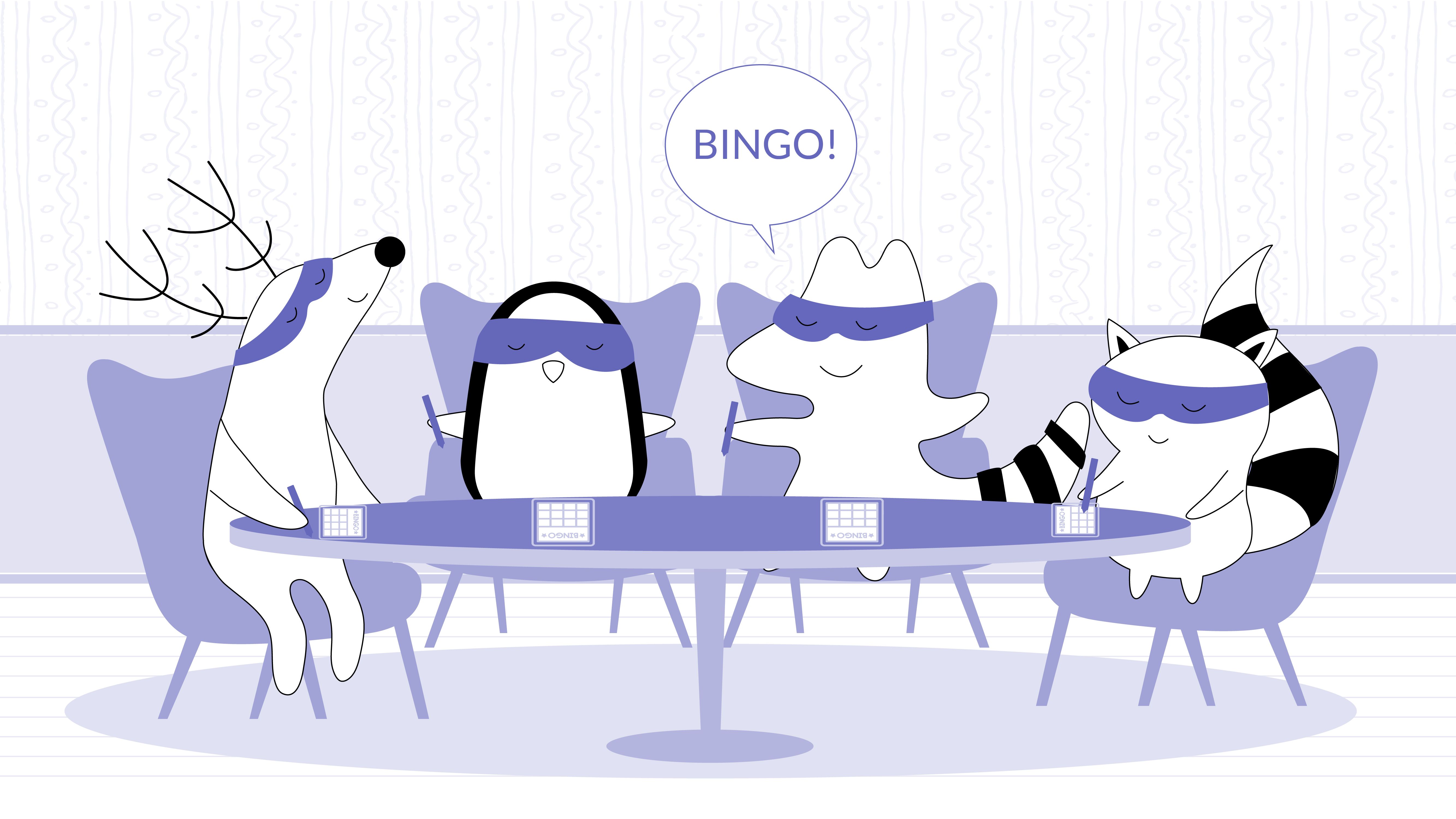 Pocky, Soren and Iggy playing bingo in Spanish around a table.