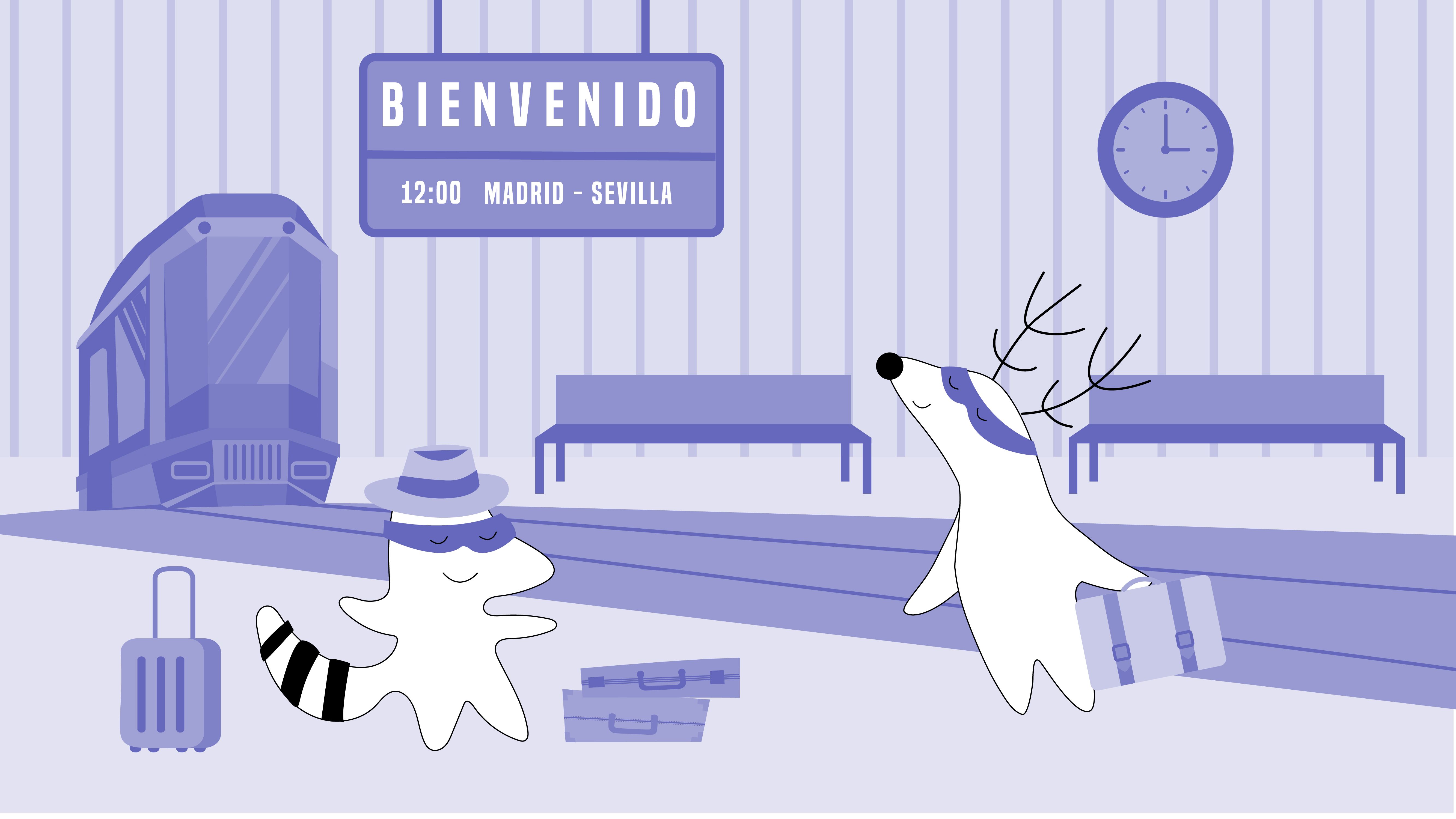 Iggy and Soren at a train station, looking for their carriage.