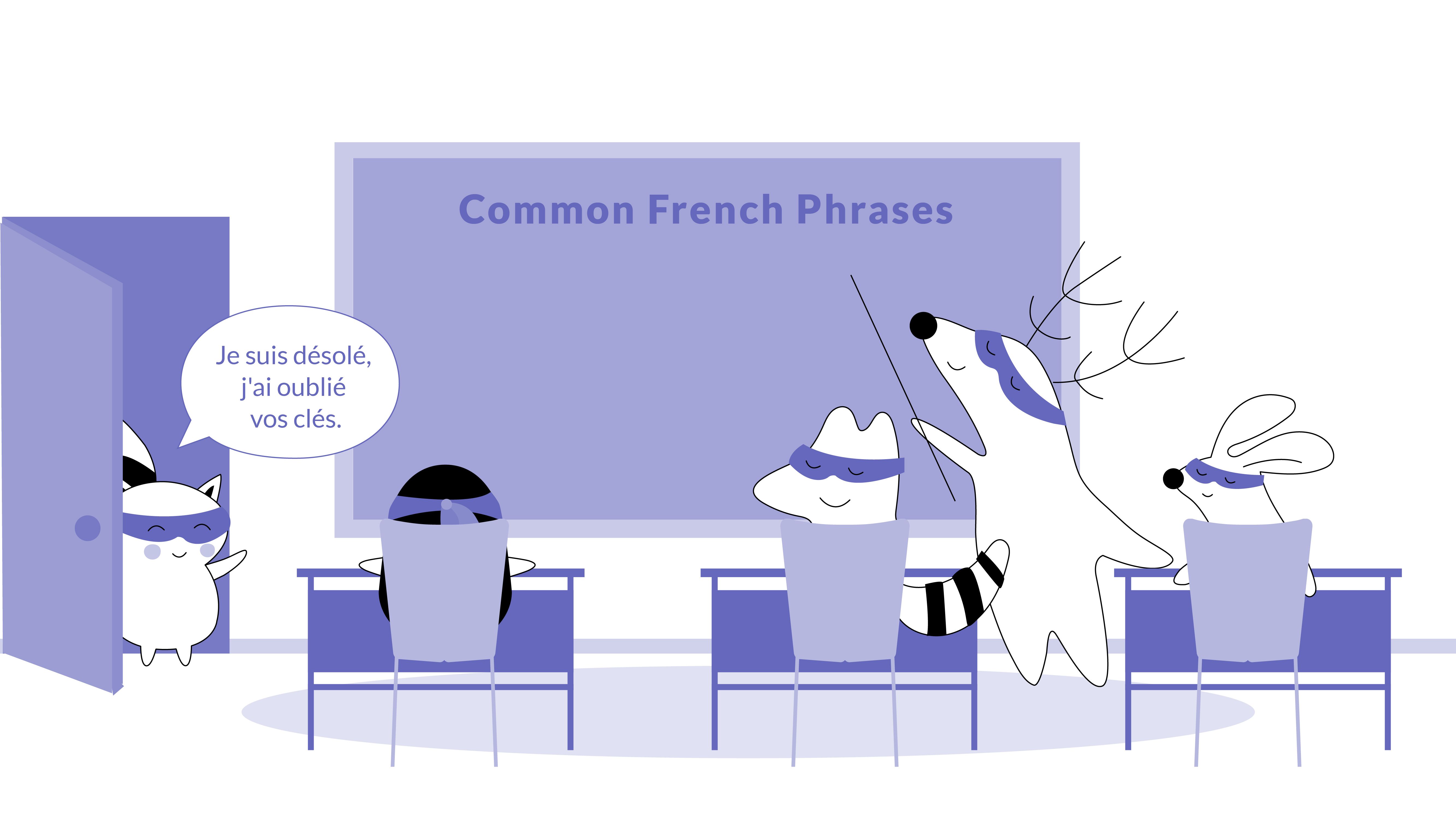 Benji enters the classroom where now Soren, Pocky, and Iggy are waiting for him. He says, “Je suis désolé, j'ai oublié vos clés.”