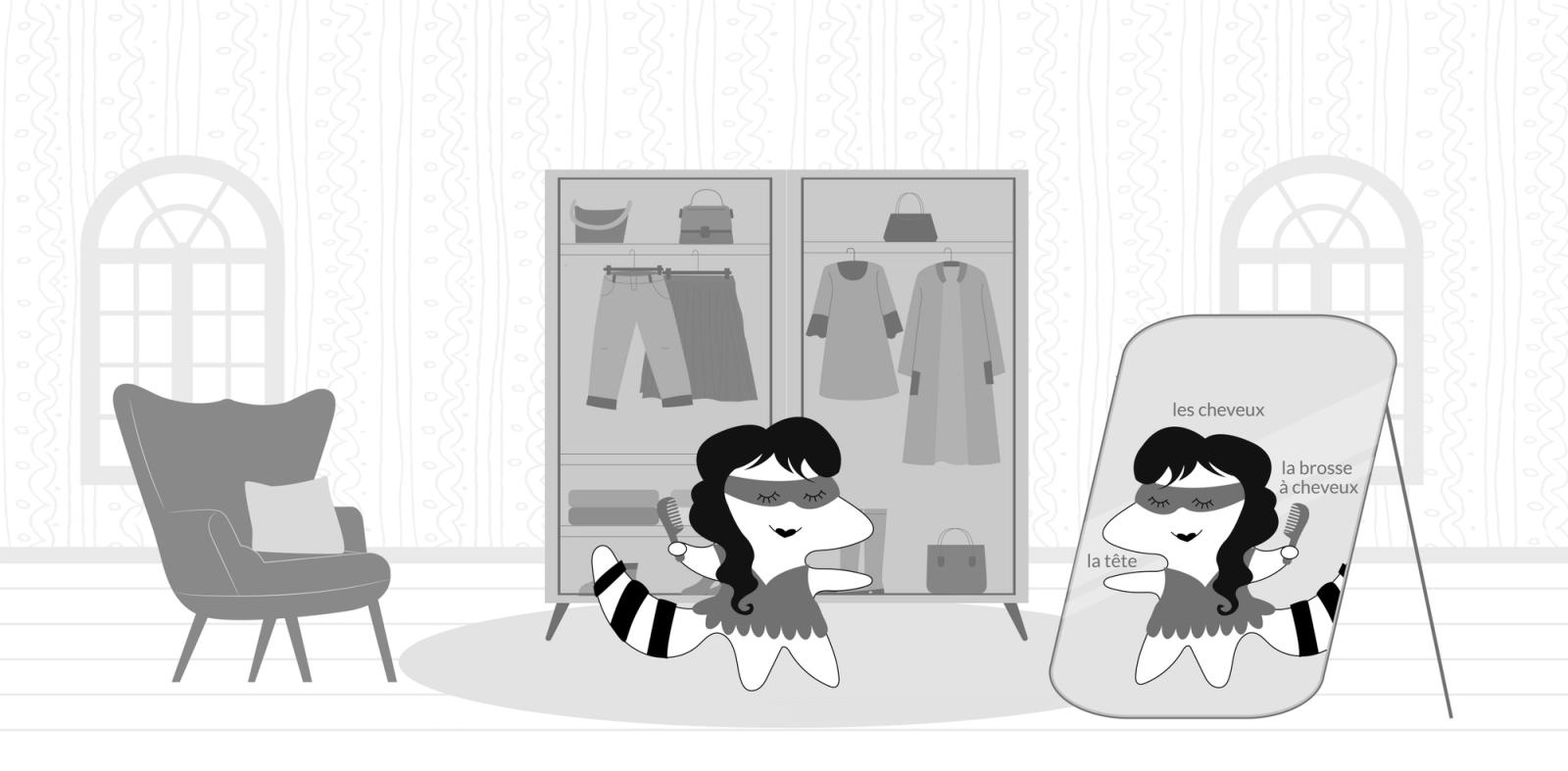 Iggy looks in the mirror, in her reflection, we can see that she brushes her hair with a hairbrush. There are French words describing what we see in the reflection: "la tête" for the head, "les cheveux" for hair, and "la brosse à cheveux" for hairbrush.
