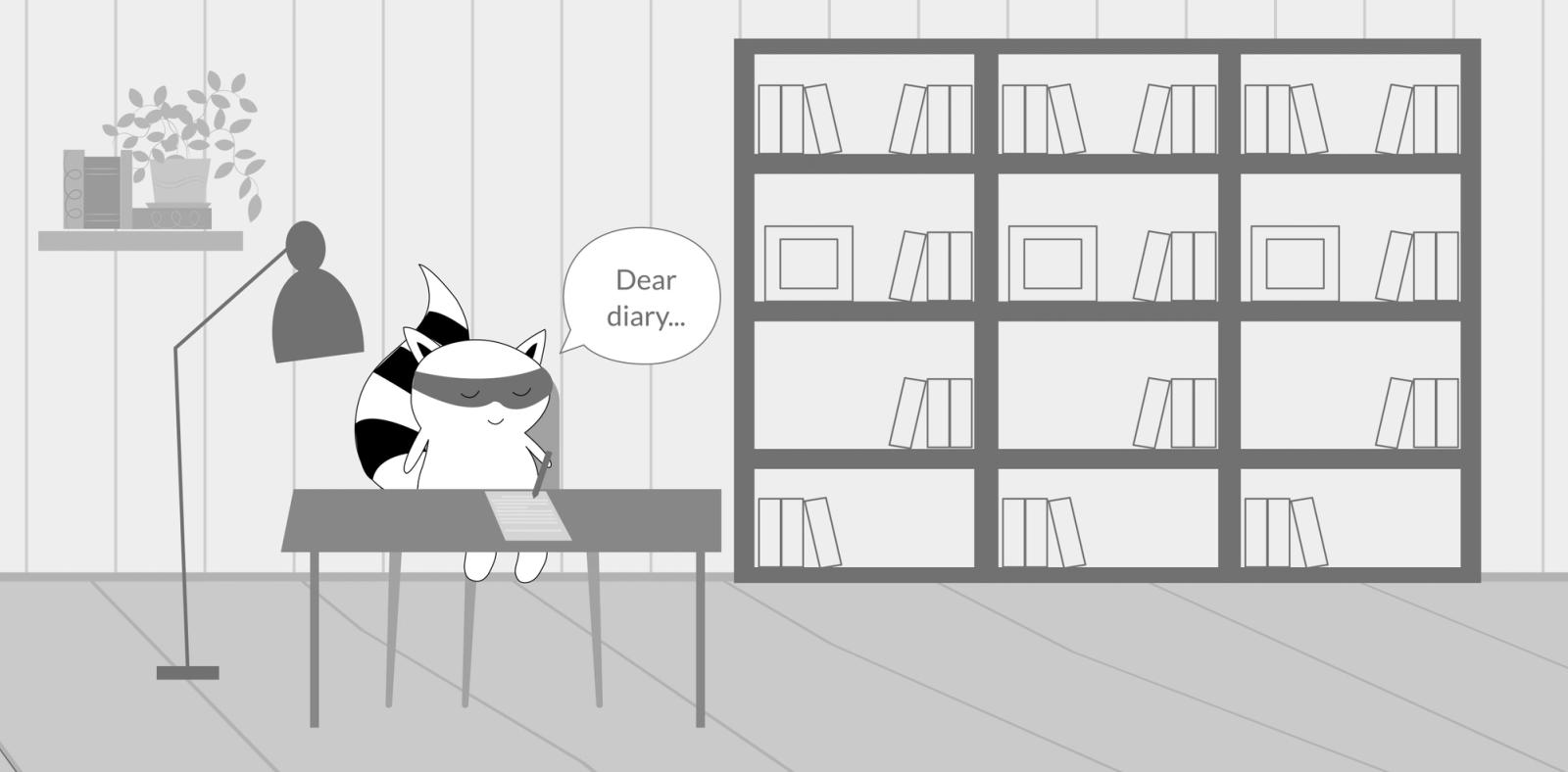 Benji sitting at a desk, writing a journal in English (it can start with “dear diary…”