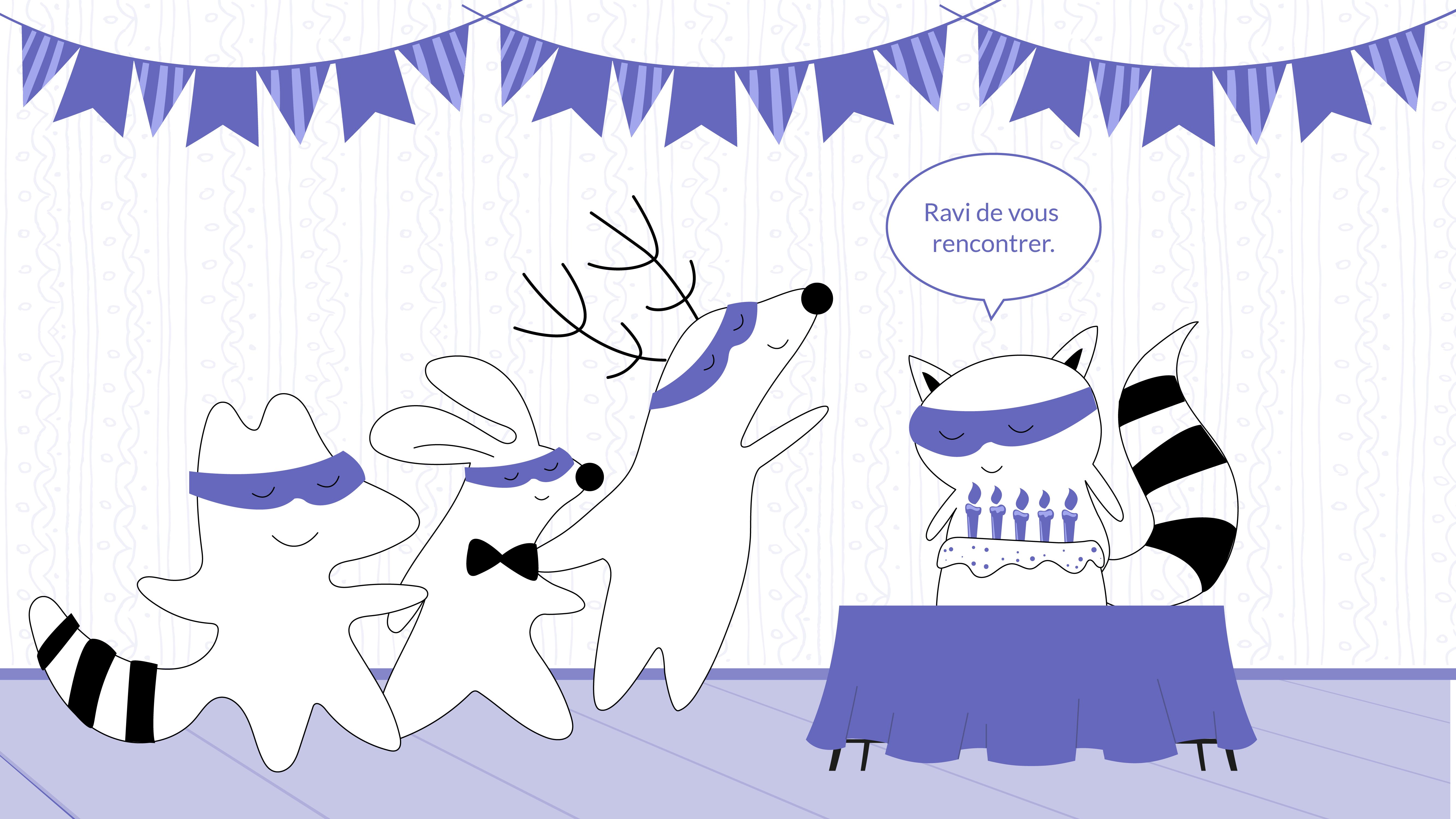 Benji meets Soren’s friends, Pocky and Iggy, at his birthday party, saying to them, “Ravi de vous rencontrer.”