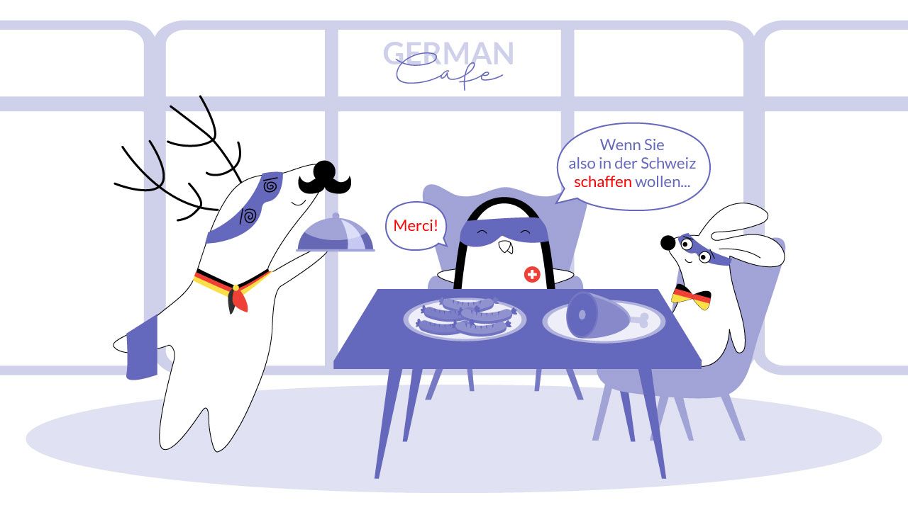 Different German-speaking characters in a restaurant