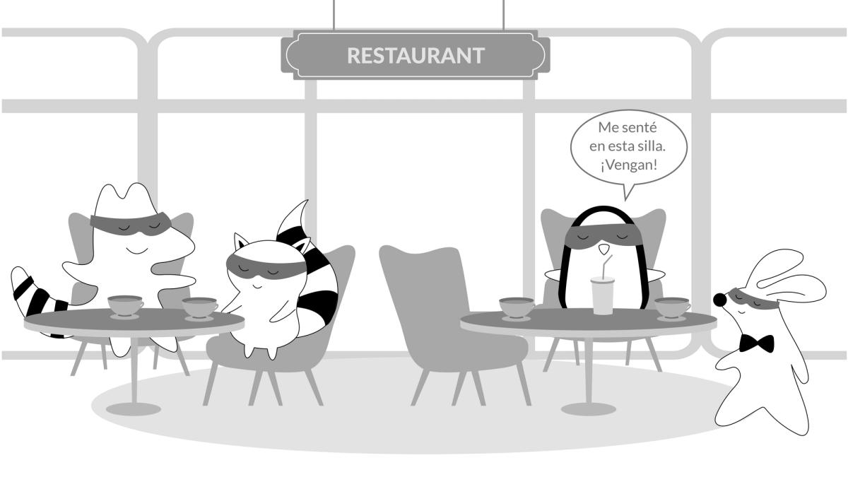 Pocky, Soren, and Benji are at a restaurant. There’s only one table free, and Pocky sits down, saying, “Me senté en esta silla. ¡Vengan!”