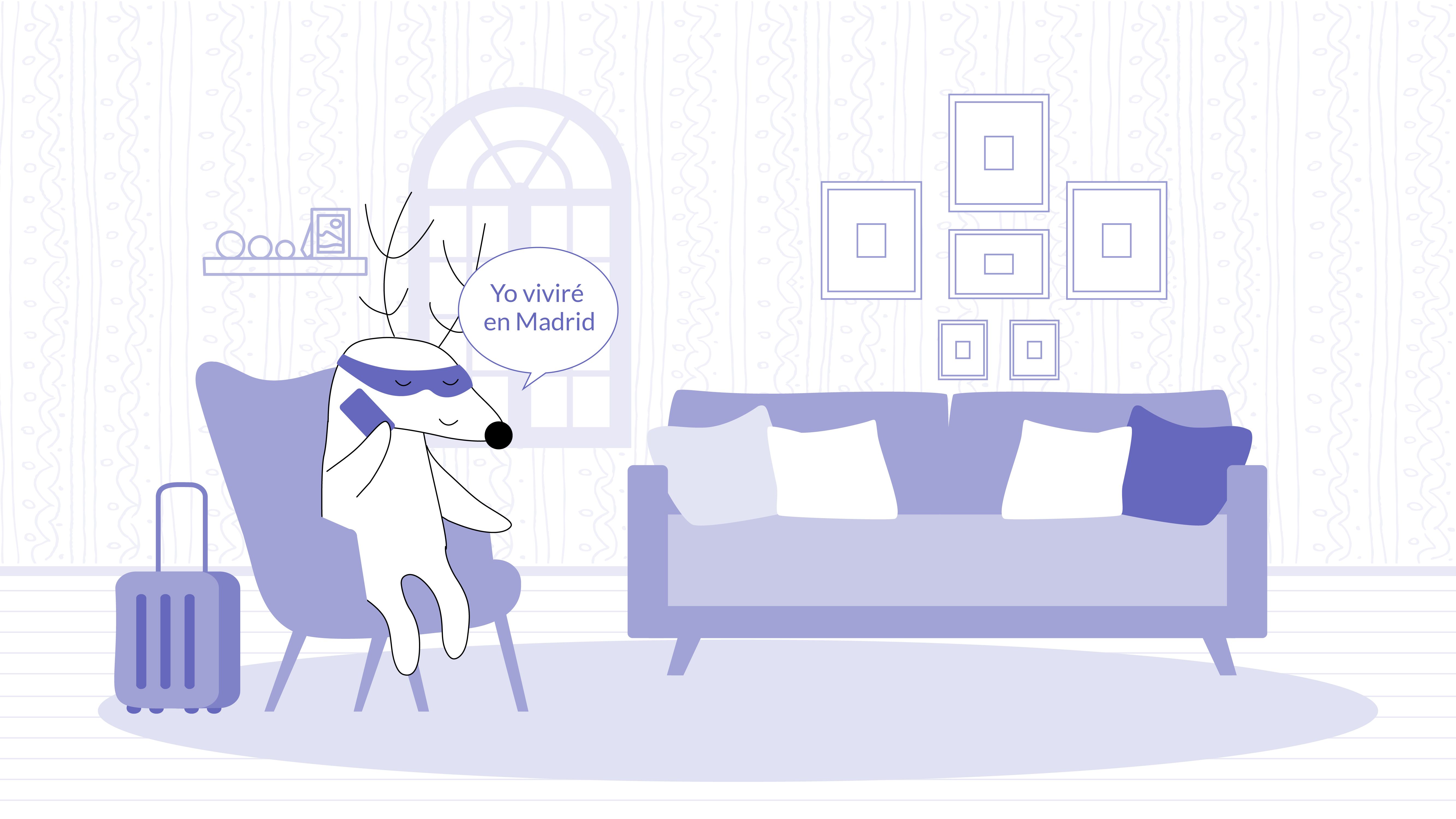 Soren speaking on the phone, with a suitcase by his side, says, “Yo viviré en Madrid.”