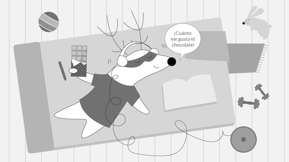 Benji eating chocolates in his bed, exclaiming “¡Cuánto me gusta el chocolate!”