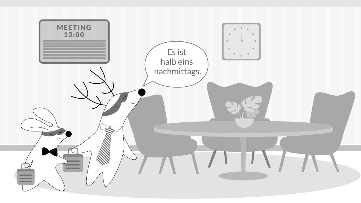 Soren looking at the clock reading 12:30, saying "Es ist halb eins nachmittags"