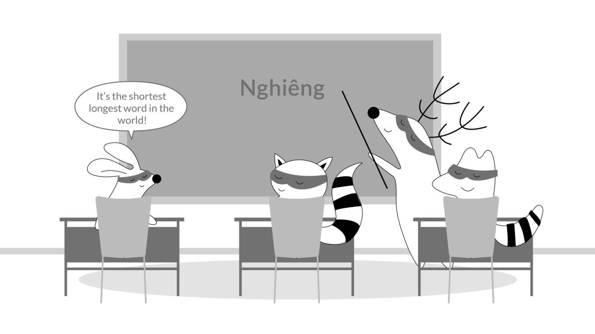Soren points at the word "Nghiêng" on the blackboard, Iggy says to others, “It’s the shortest longest word in the world!”