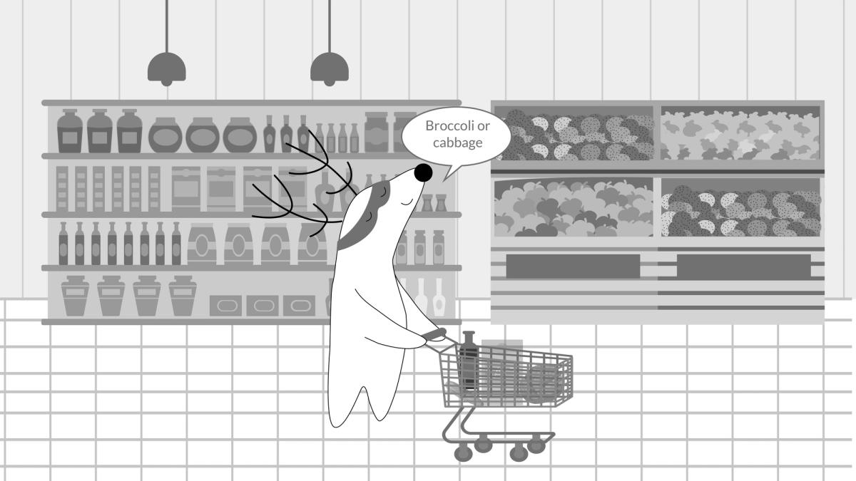 Again Soren is at the supermarket, choosing between broccoli and cabbage.