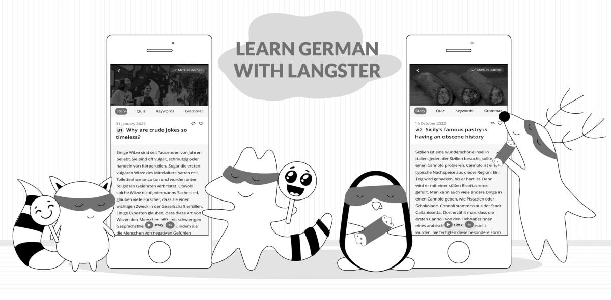 Various characters learning German with an app 