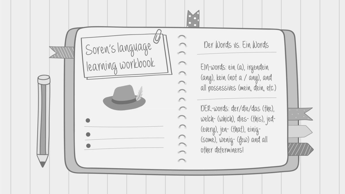 Soren does exercises in his practice workbook, with “Der Words vs. Ein Words” underlined on top of the page.