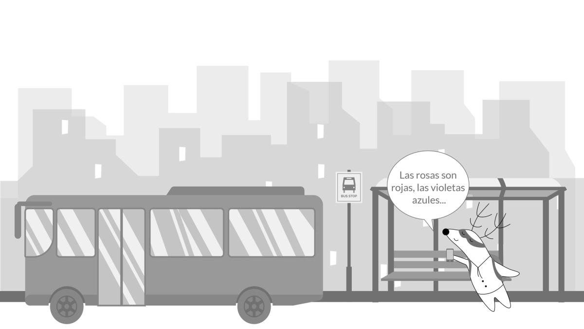 Soren at the bus stop, smartphone in hand, repeating “las rosas son rojas, las violetas son azules…”